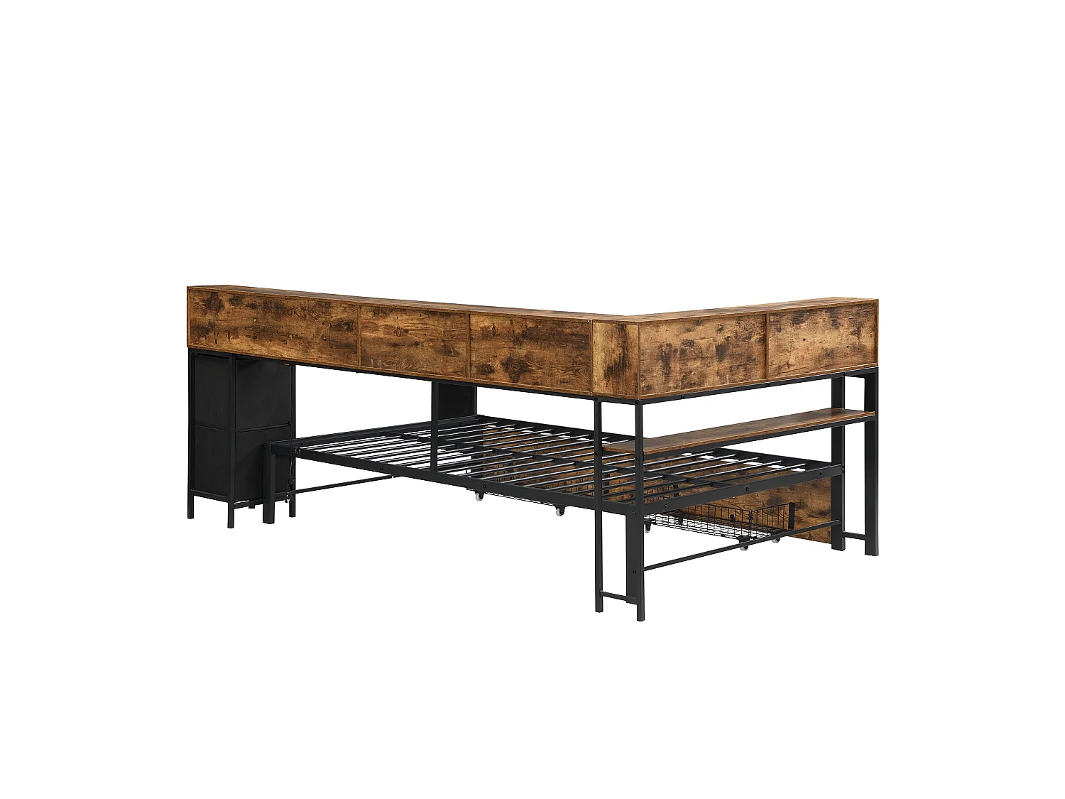 Lit adulte 120 x 200 cm avec rangement et port de chargement - Noir et bois foncé