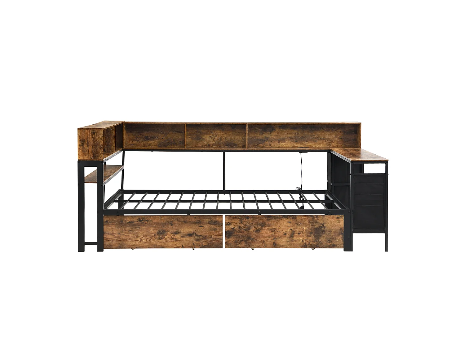 Lit adulte 120 x 200 cm avec rangement et port de chargement - Noir et bois foncé