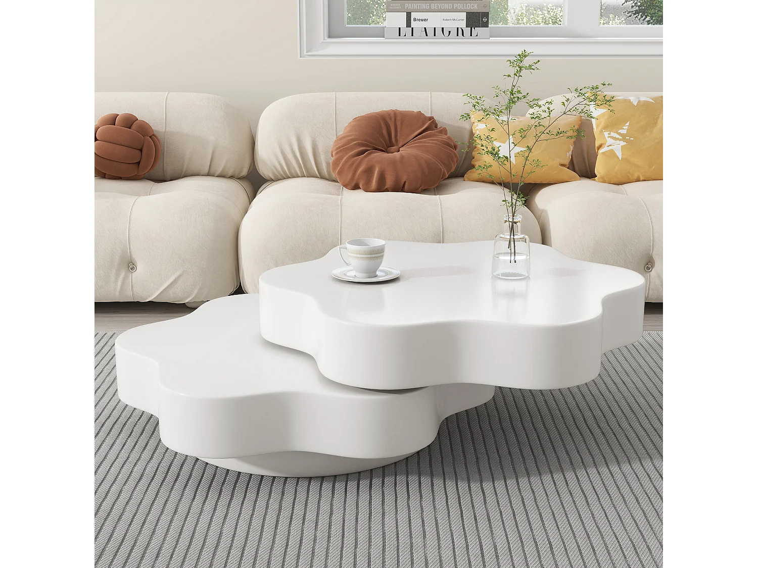 Table basse ronde pivotante 360° avec plateau extensible en forme de fleur - MDF - 74,8 x 67,5 x 31 cm - Blanc crème