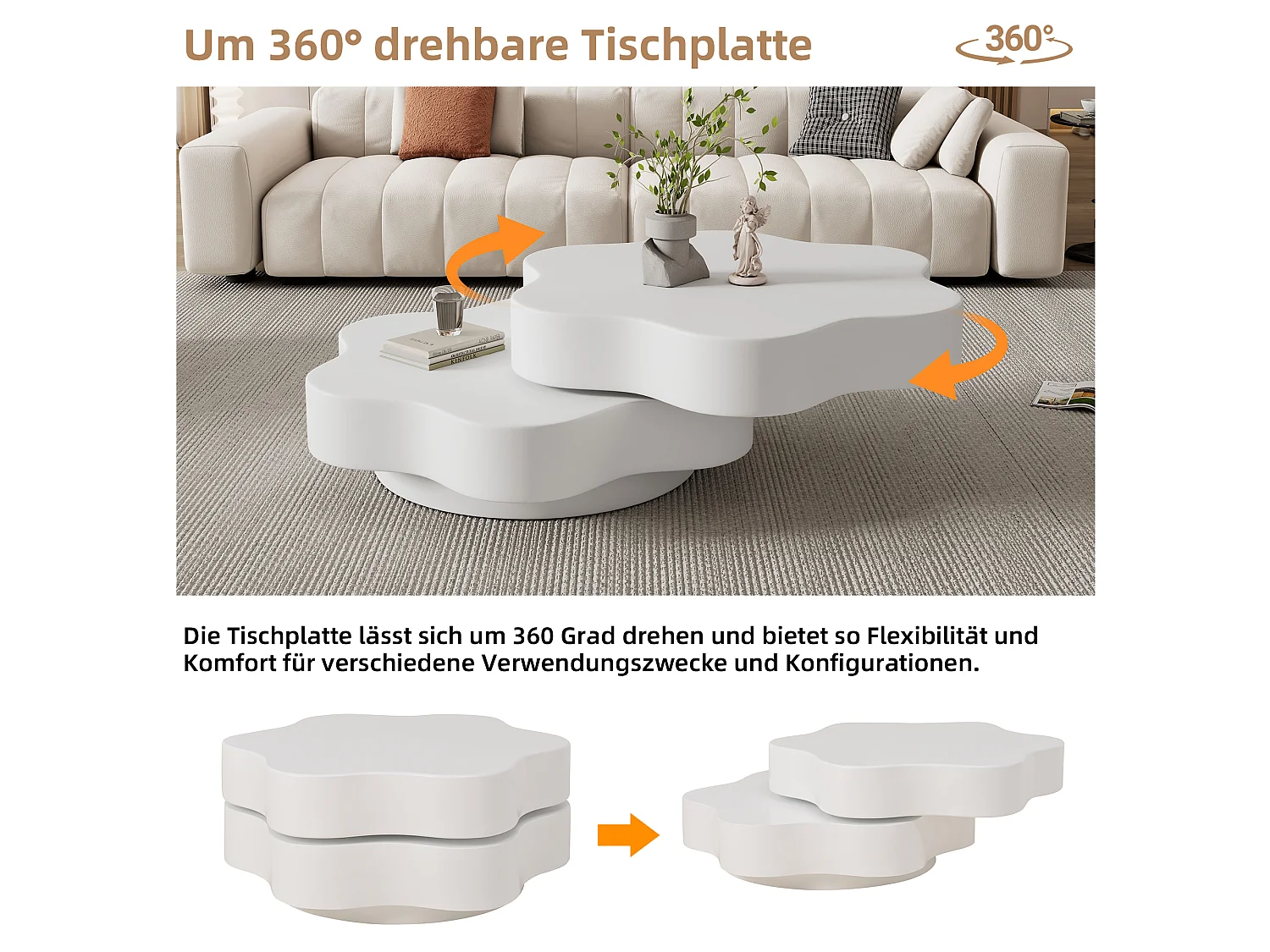 Table basse ronde pivotante 360° avec plateau extensible en forme de fleur - MDF - 74,8 x 67,5 x 31 cm - Blanc crème