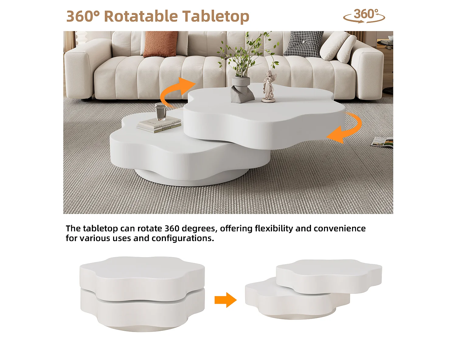 Table basse ronde pivotante 360° avec plateau extensible en forme de fleur - MDF - 74,8 x 67,5 x 31 cm - Blanc crème