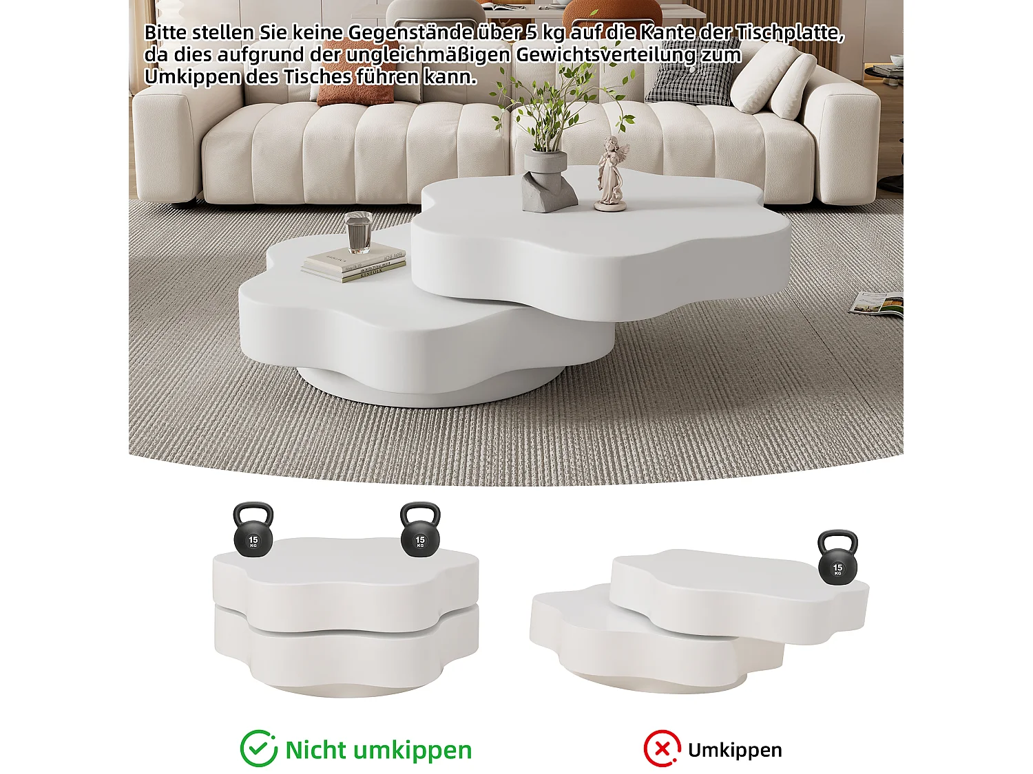 Table basse ronde pivotante 360° avec plateau extensible en forme de fleur - MDF - 74,8 x 67,5 x 31 cm - Blanc crème