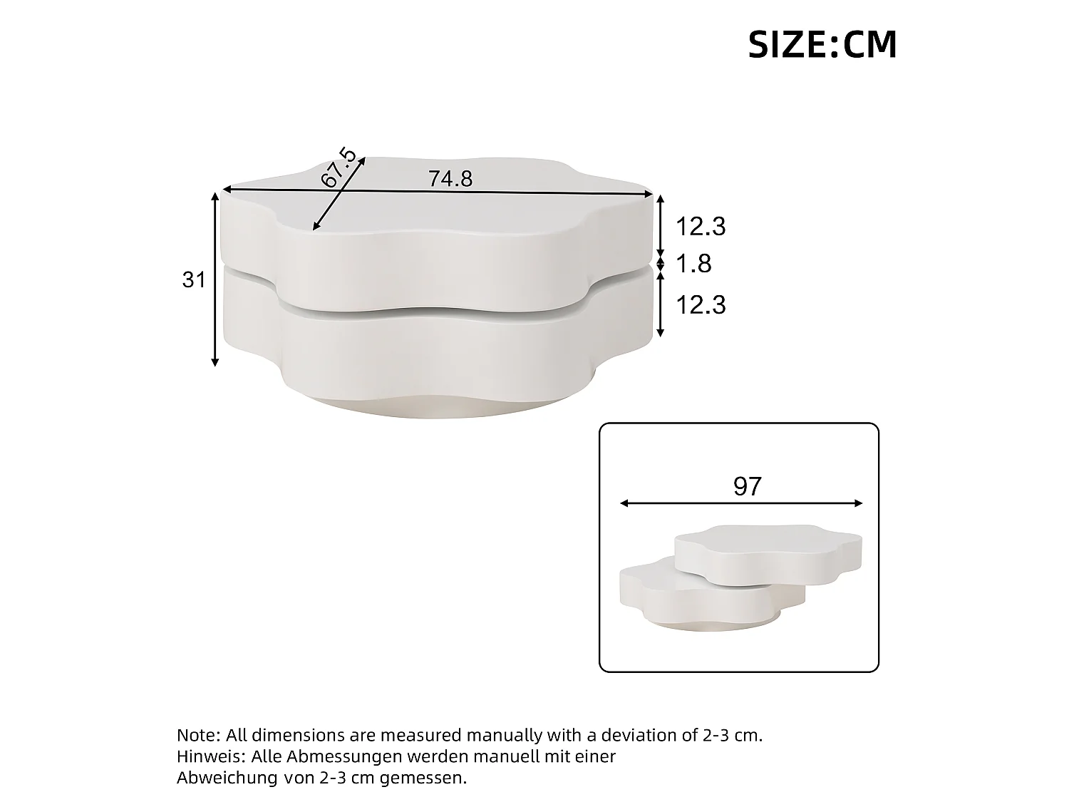 Table basse ronde pivotante 360° avec plateau extensible en forme de fleur - MDF - 74,8 x 67,5 x 31 cm - Blanc crème