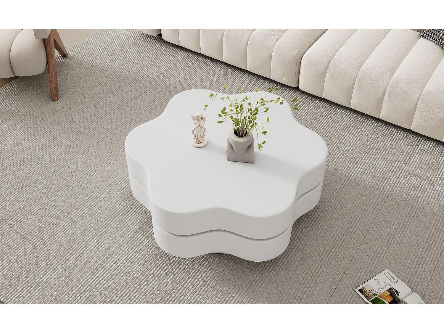 Table basse ronde pivotante 360° avec plateau extensible en forme de fleur - MDF - 74,8 x 67,5 x 31 cm - Blanc crème