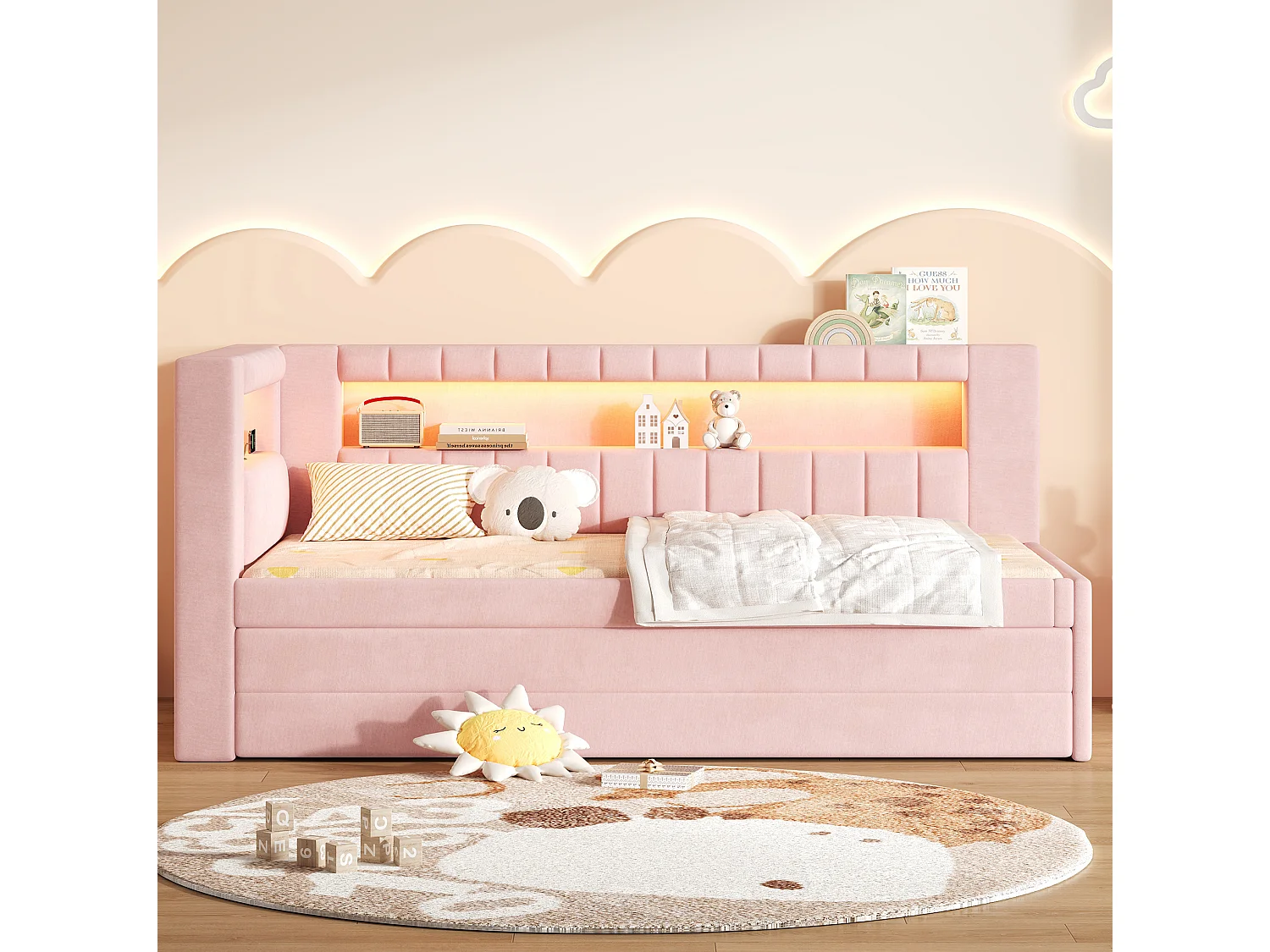 Lit enfant 90x200 cm avec lit gigogne 90 x 190 cm et ports USB, 3 tiroirs - Rose