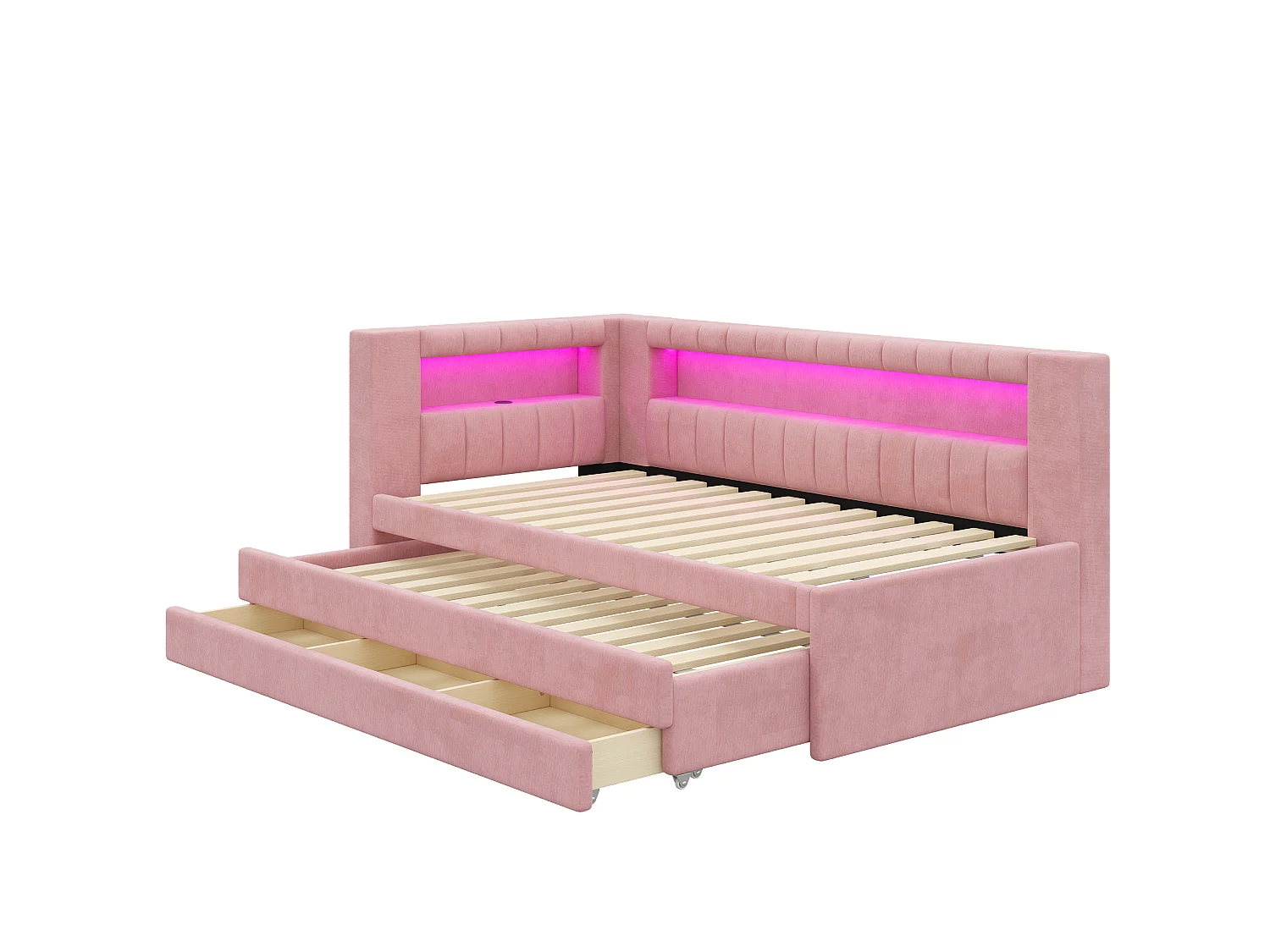Lit enfant 90x200 cm avec lit gigogne 90 x 190 cm et ports USB, 3 tiroirs - Rose