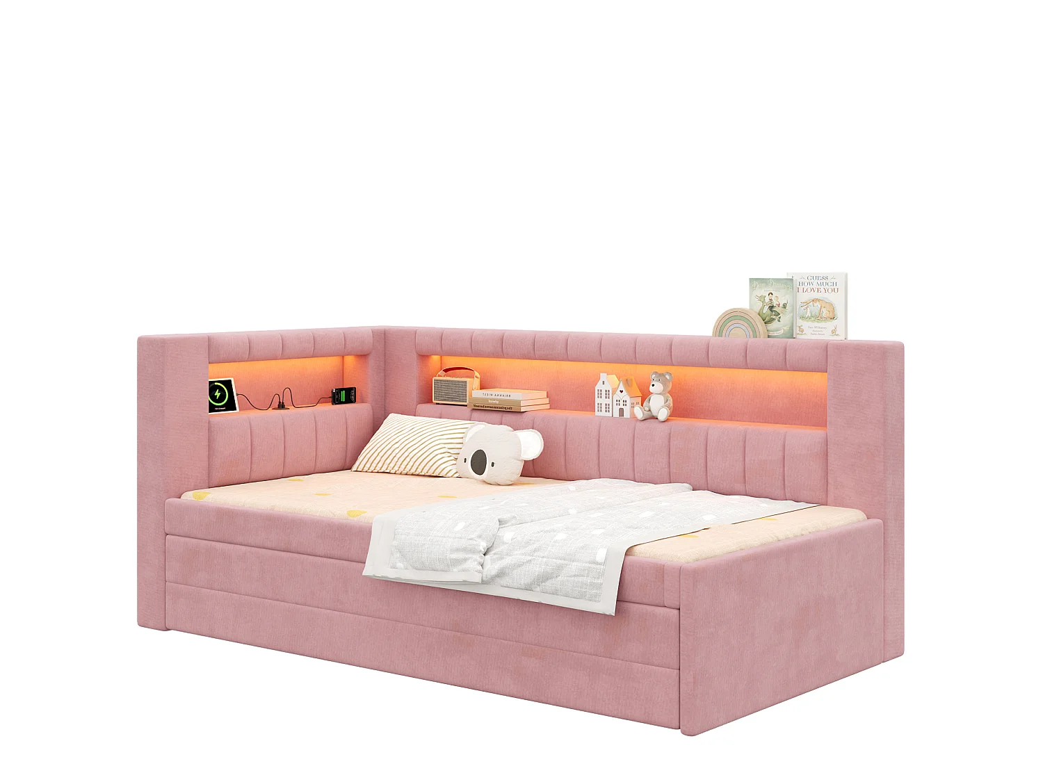 Lit enfant 90x200 cm avec lit gigogne 90 x 190 cm et ports USB, 3 tiroirs - Rose