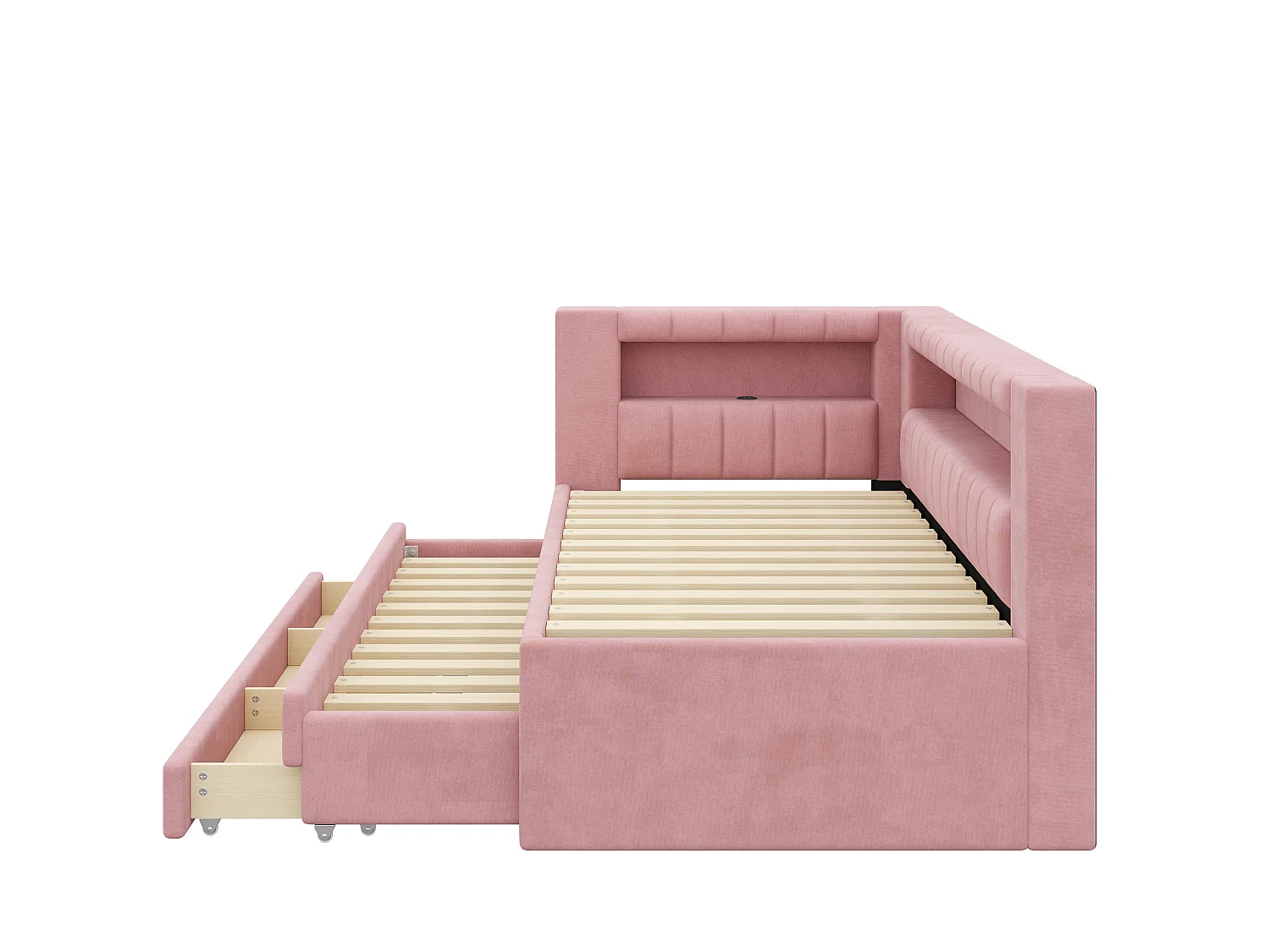 Lit enfant 90x200 cm avec lit gigogne 90 x 190 cm et ports USB, 3 tiroirs - Rose