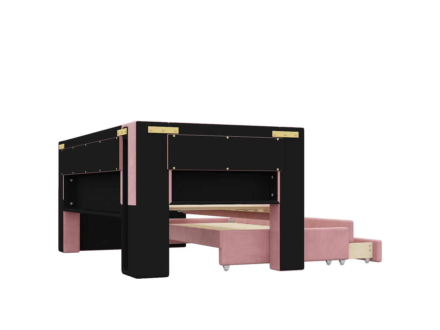 Lit enfant 90x200 cm avec lit gigogne 90 x 190 cm et ports USB, 3 tiroirs - Rose