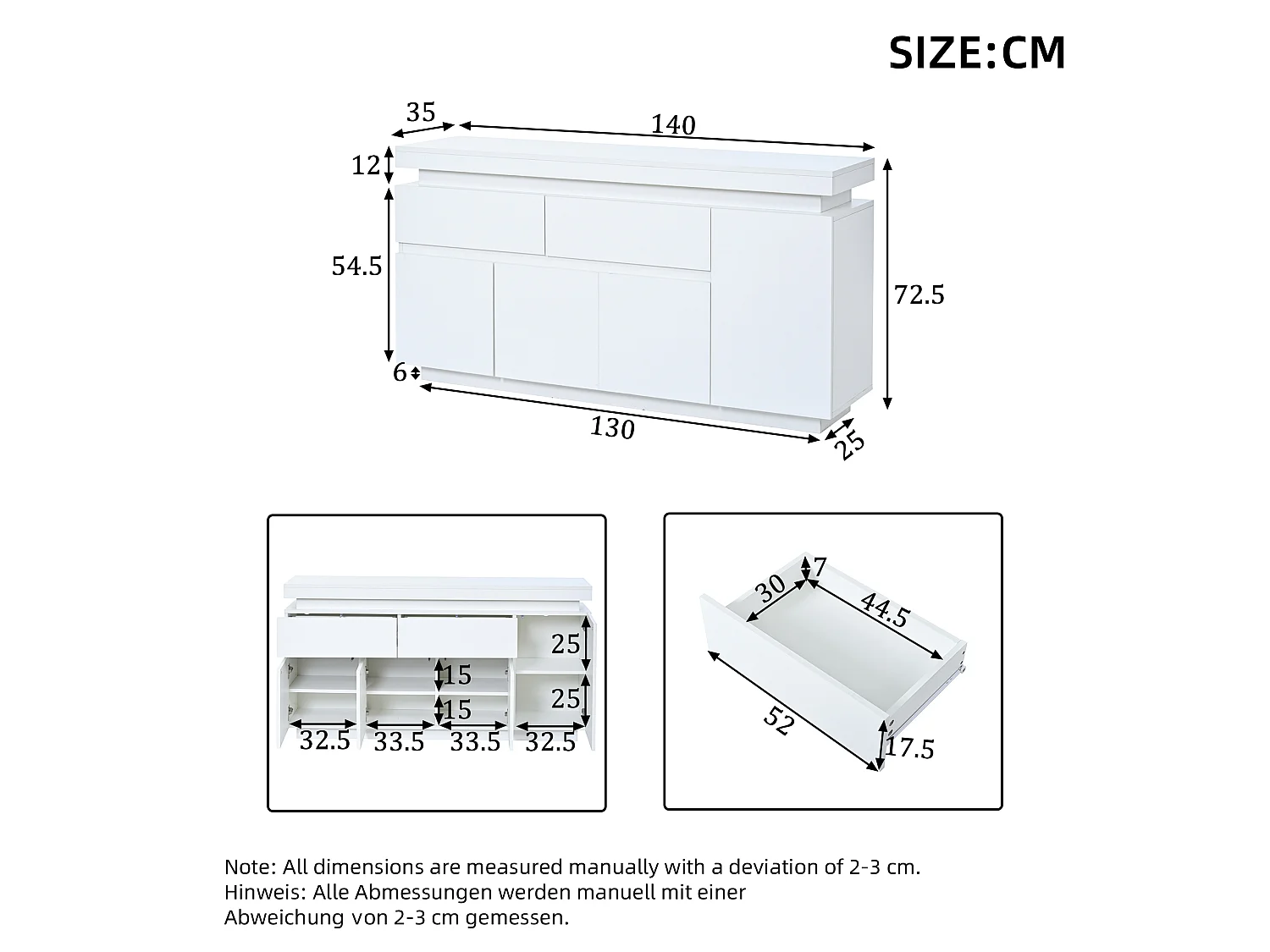 Sideboard 140x35x72.5 cm - 2 drawers and 4 doors - LED lighting - particleboard - white