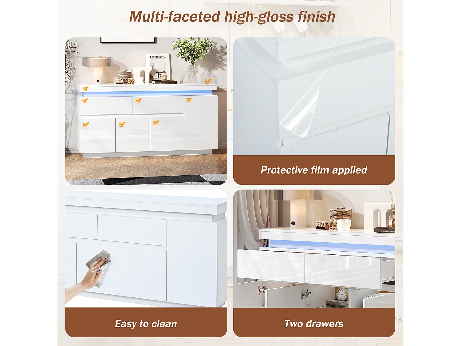 Sideboard 140x35x72.5 cm - 2 drawers and 4 doors - LED lighting - particleboard - white
