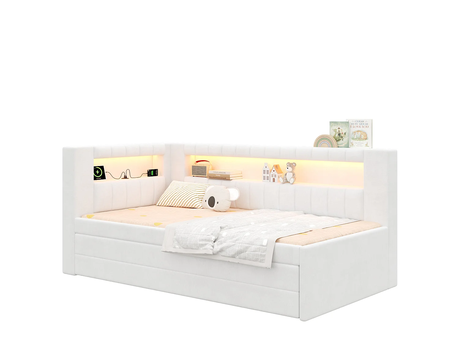 Lit enfant 90x200 cm avec lit gigogne 90 x 190 cm et ports USB, 3 tiroirs - Blanc