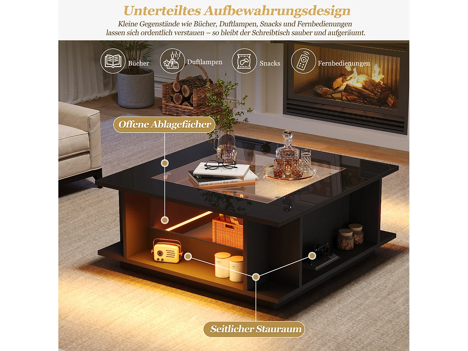 Fyrkantigt soffbord med glasskiva, förvaring och LED-belysning - Spånskiva/glas - 70 x 70 x 30 cm - Svart