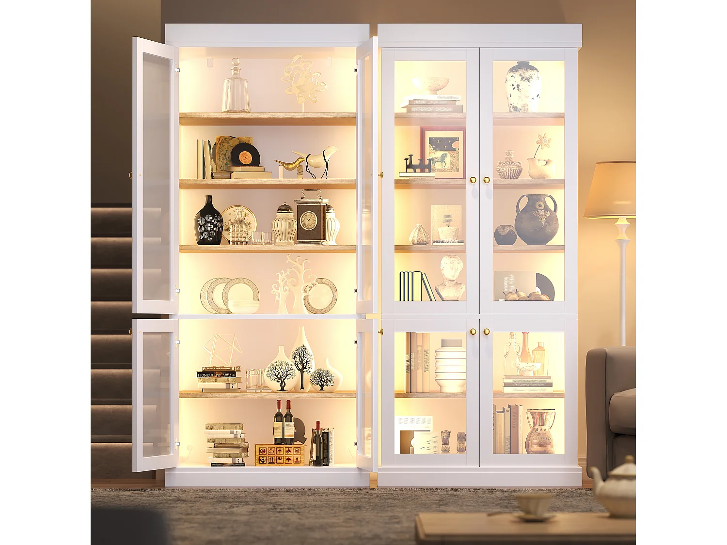 Set aus 2 LED-Vitrinen mit 8 Glastüren und Ablagefächern – MDF und Metall – 160 × 40 × 180 cm – Weiß