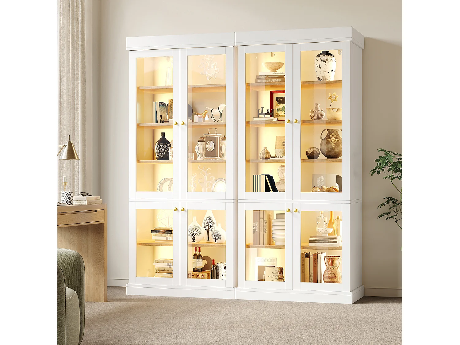 Set aus 2 LED-Vitrinen mit 8 Glastüren und Ablagefächern – MDF und Metall – 160 × 40 × 180 cm – Weiß