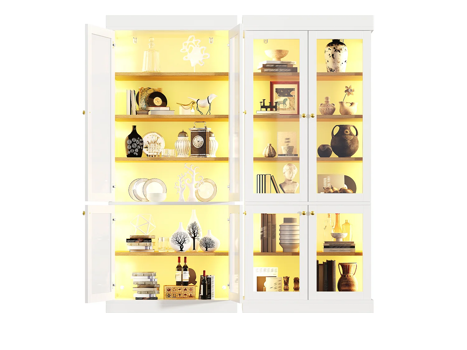 Set aus 2 LED-Vitrinen mit 8 Glastüren und Ablagefächern – MDF und Metall – 160 × 40 × 180 cm – Weiß