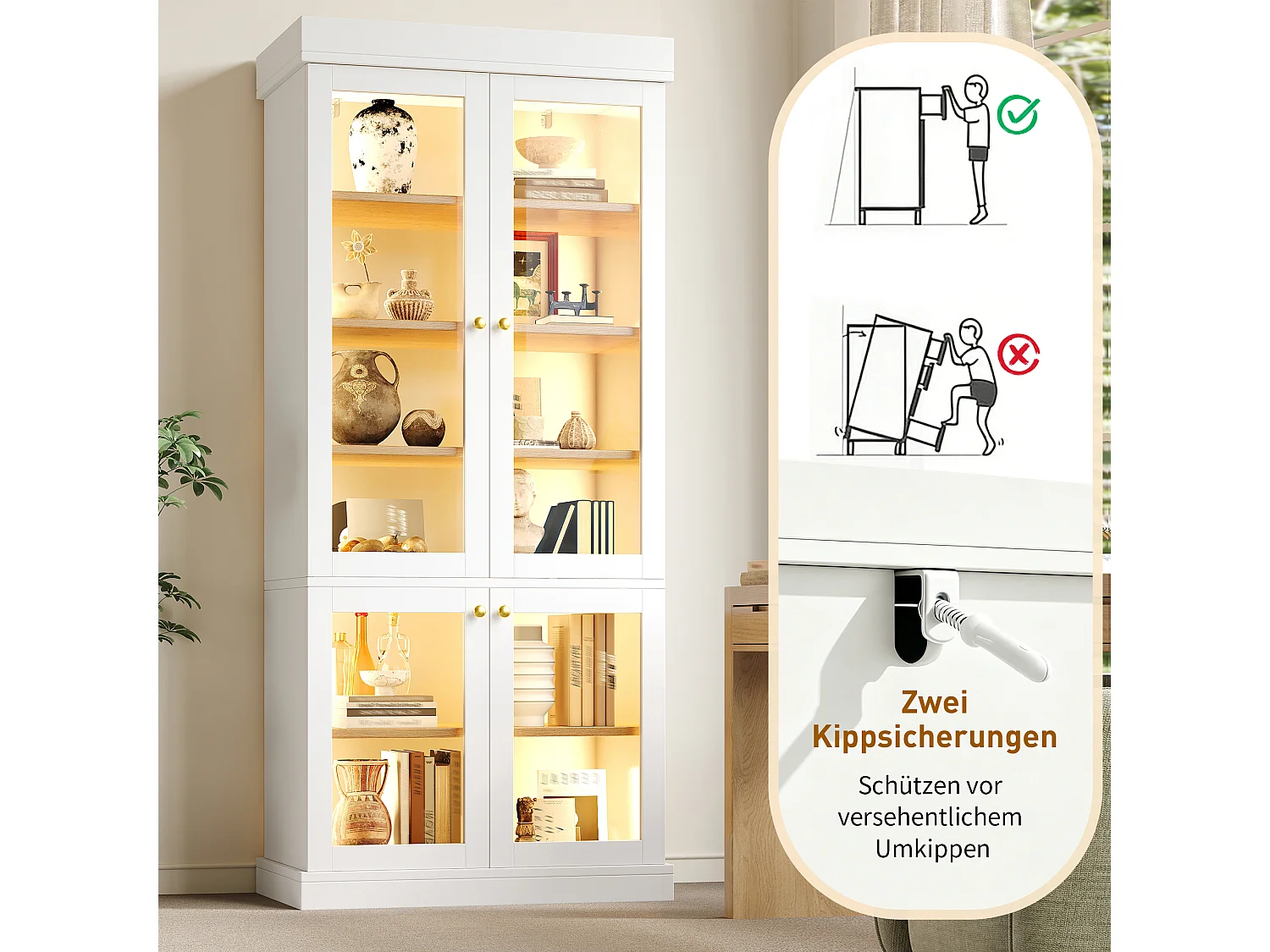 Set aus 2 LED-Vitrinen mit 8 Glastüren und Ablagefächern – MDF und Metall – 160 × 40 × 180 cm – Weiß