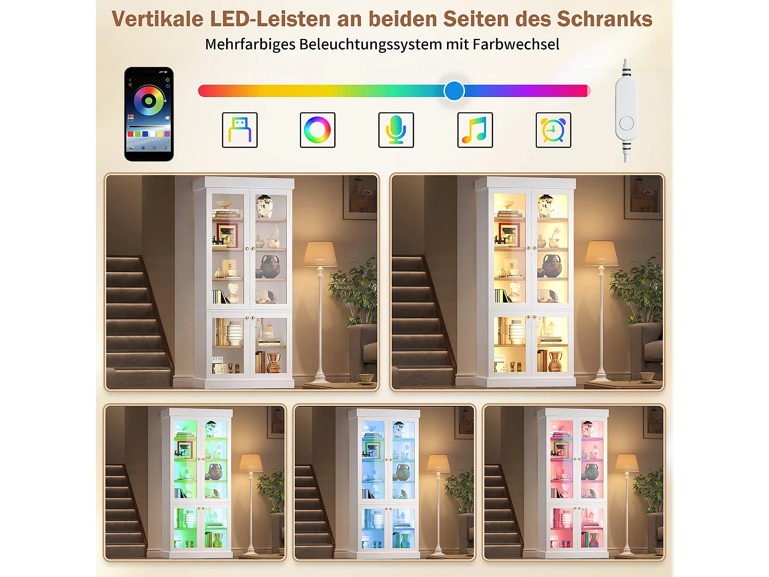 Set aus 2 LED-Vitrinen mit 8 Glastüren und Ablagefächern – MDF und Metall – 160 × 40 × 180 cm – Weiß