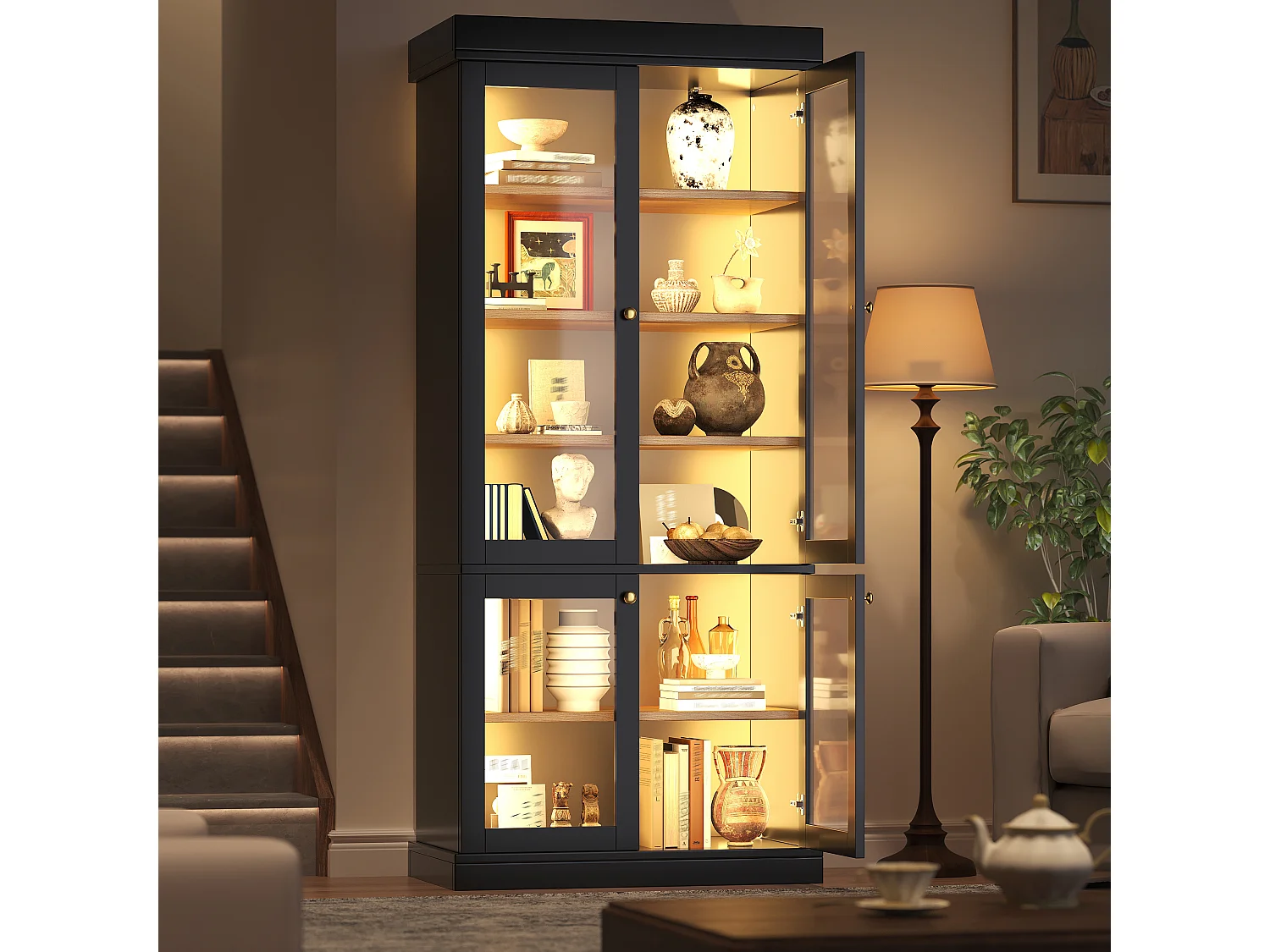LED-Vitrinenschrank mit 4 Glastüren, Ablagefächern und Kippsicherung – MDF und Metall – 80 × 40 × 180 cm – Schwarz