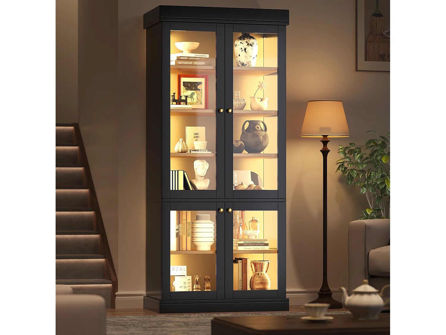 LED-Vitrinenschrank mit 4 Glastüren, Ablagefächern und Kippsicherung – MDF und Metall – 80 × 40 × 180 cm – Schwarz
