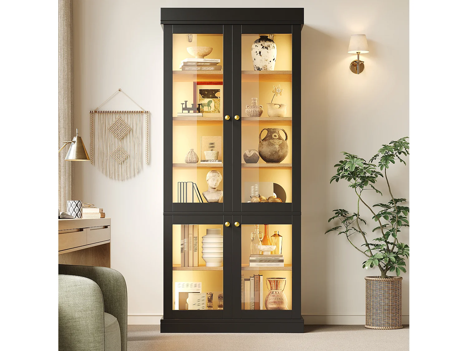 LED-Vitrinenschrank mit 4 Glastüren, Ablagefächern und Kippsicherung – MDF und Metall – 80 × 40 × 180 cm – Schwarz