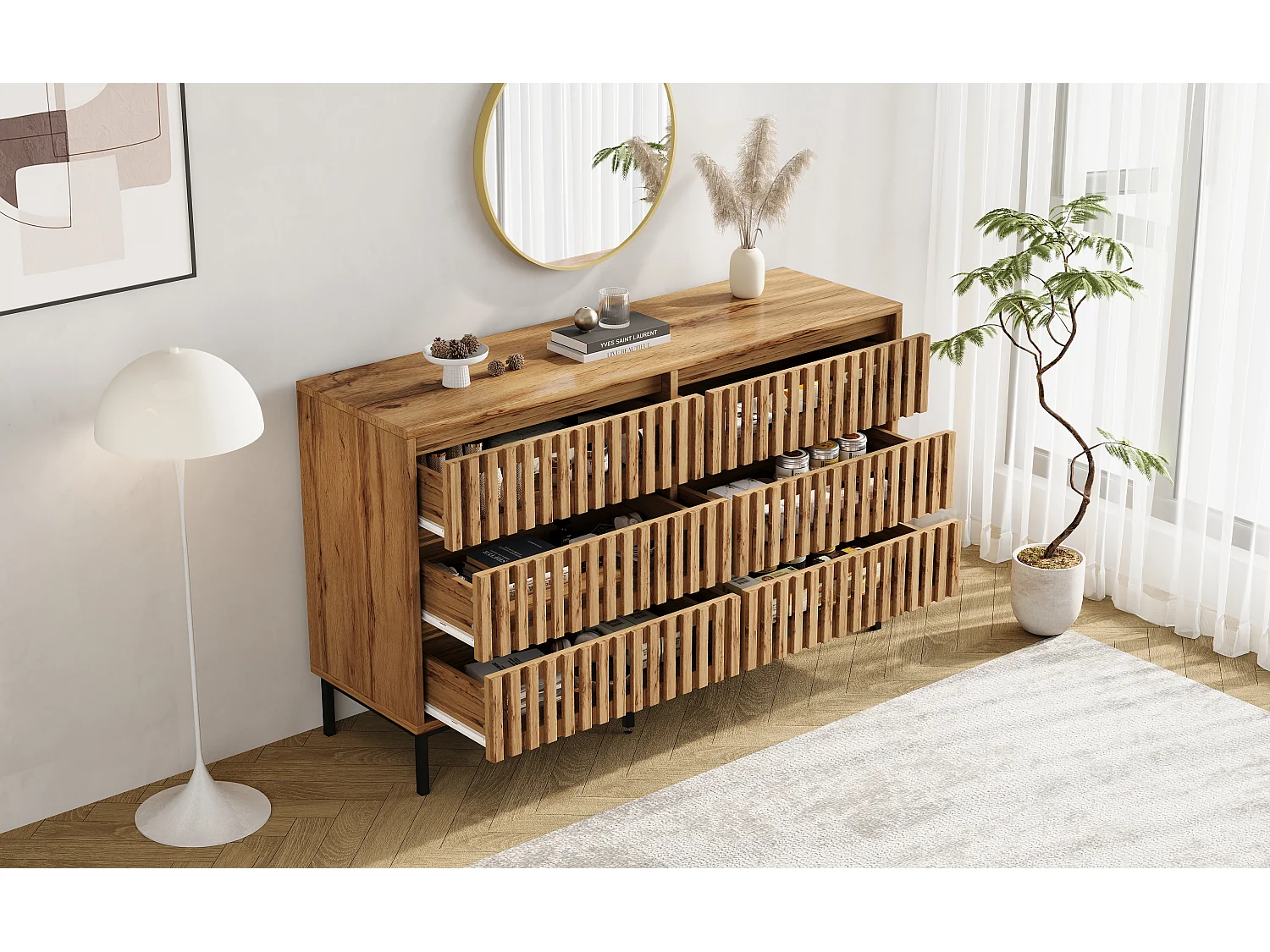 Modern chest of drawers with 6 drawers - Sideboard with 5 legs - Openwork design - 120x40x81cm - MDF - Natural