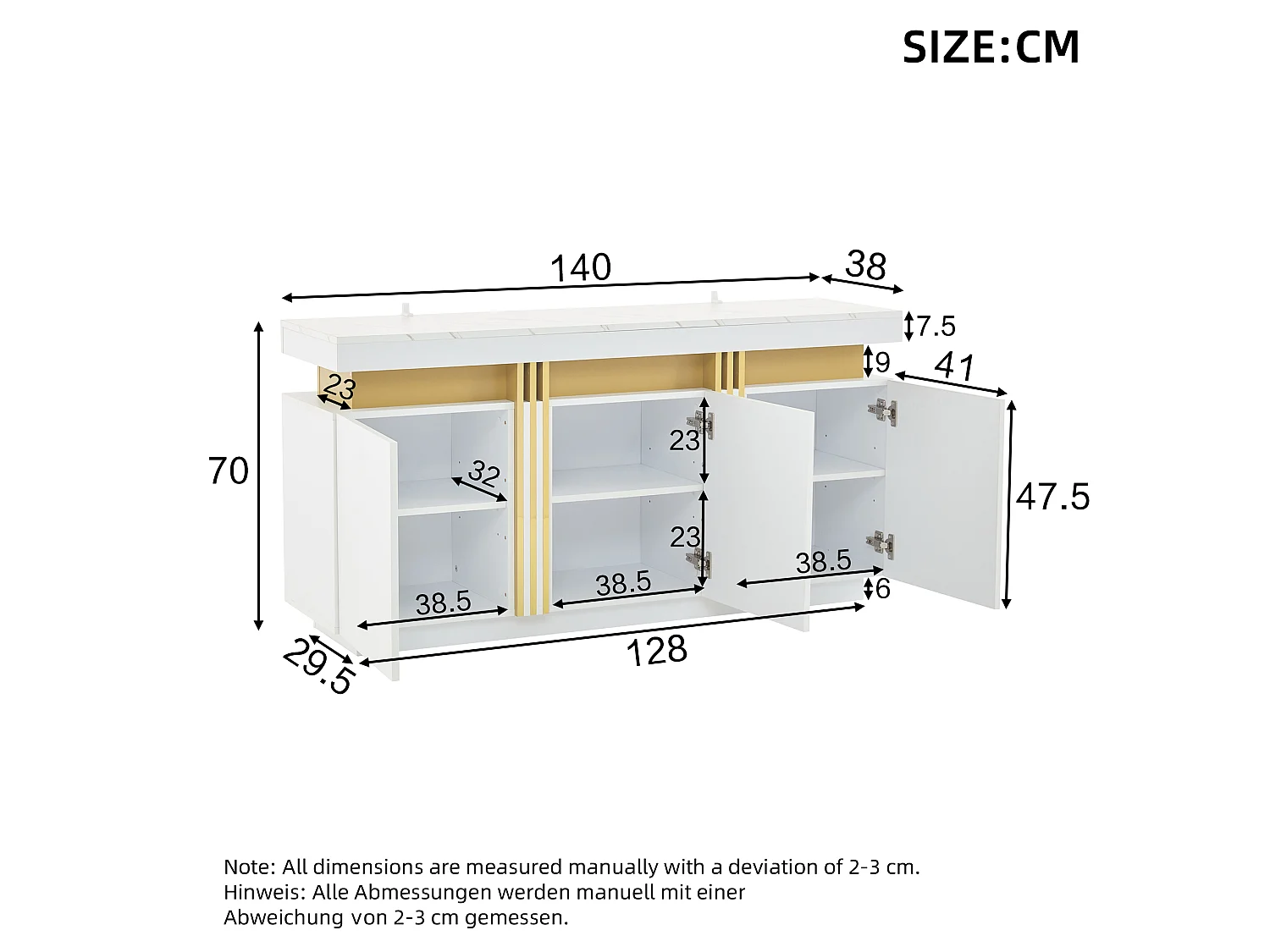 Modern sideboard 140x38x70cm - 3 doors - Adjustable shelves - White