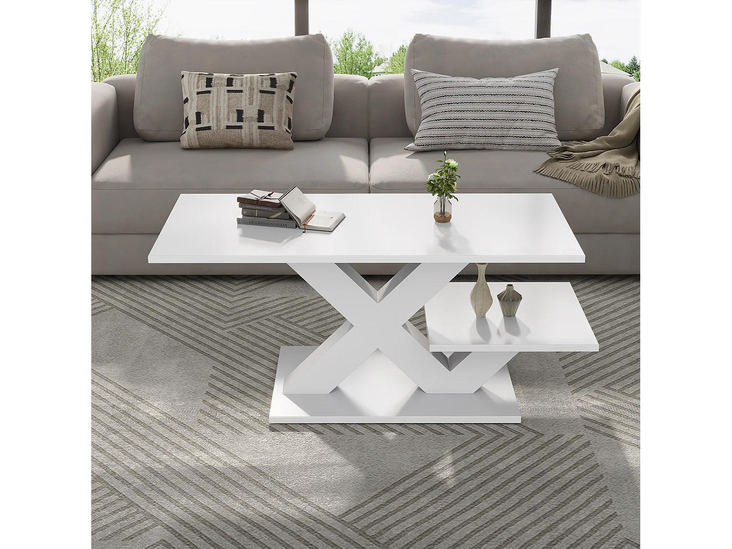 Modern 100cm coffee table with 2 storage shelves, X-shaped design and glossy lacquered top - MDF - 100 x 48 x 45 cm - White