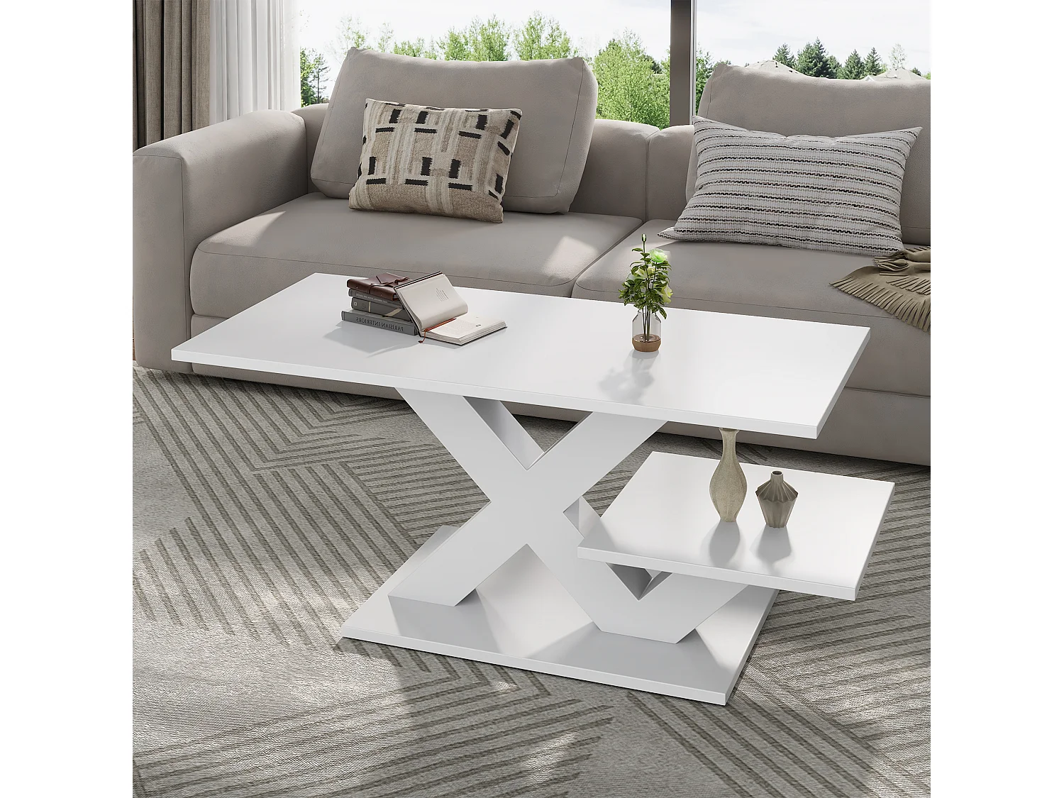Modern 100cm coffee table with 2 storage shelves, X-shaped design and glossy lacquered top - MDF - 100 x 48 x 45 cm - White