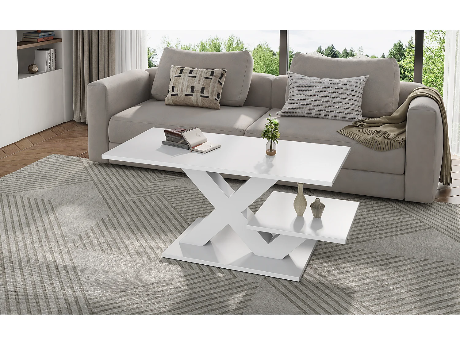 Modern 100cm coffee table with 2 storage shelves, X-shaped design and glossy lacquered top - MDF - 100 x 48 x 45 cm - White