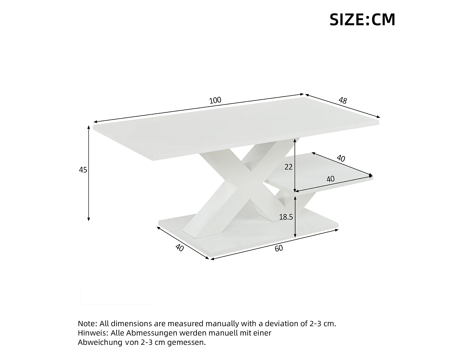 Modern 100cm coffee table with 2 storage shelves, X-shaped design and glossy lacquered top - MDF - 100 x 48 x 45 cm - White