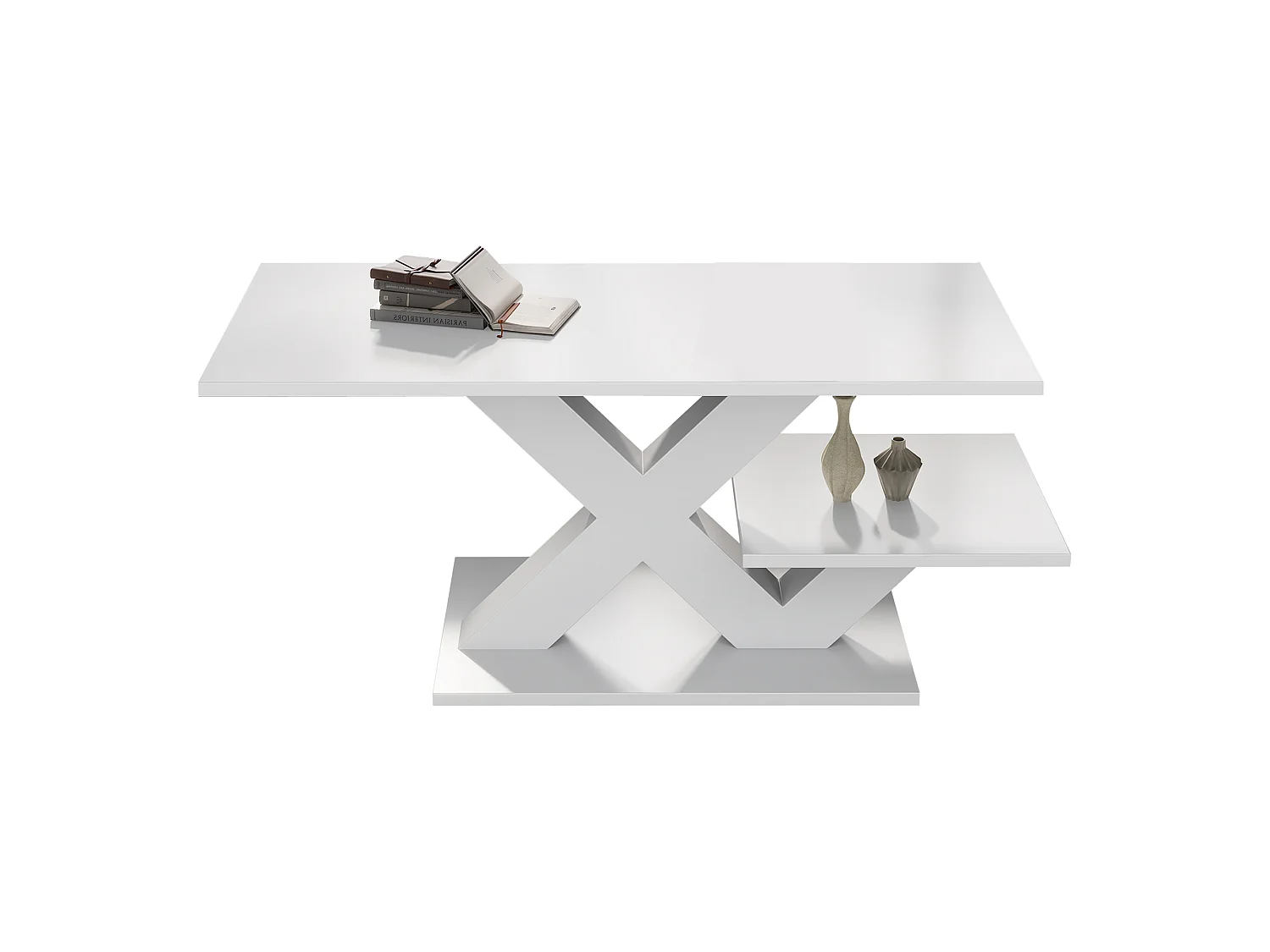 Modern 100cm coffee table with 2 storage shelves, X-shaped design and glossy lacquered top - MDF - 100 x 48 x 45 cm - White