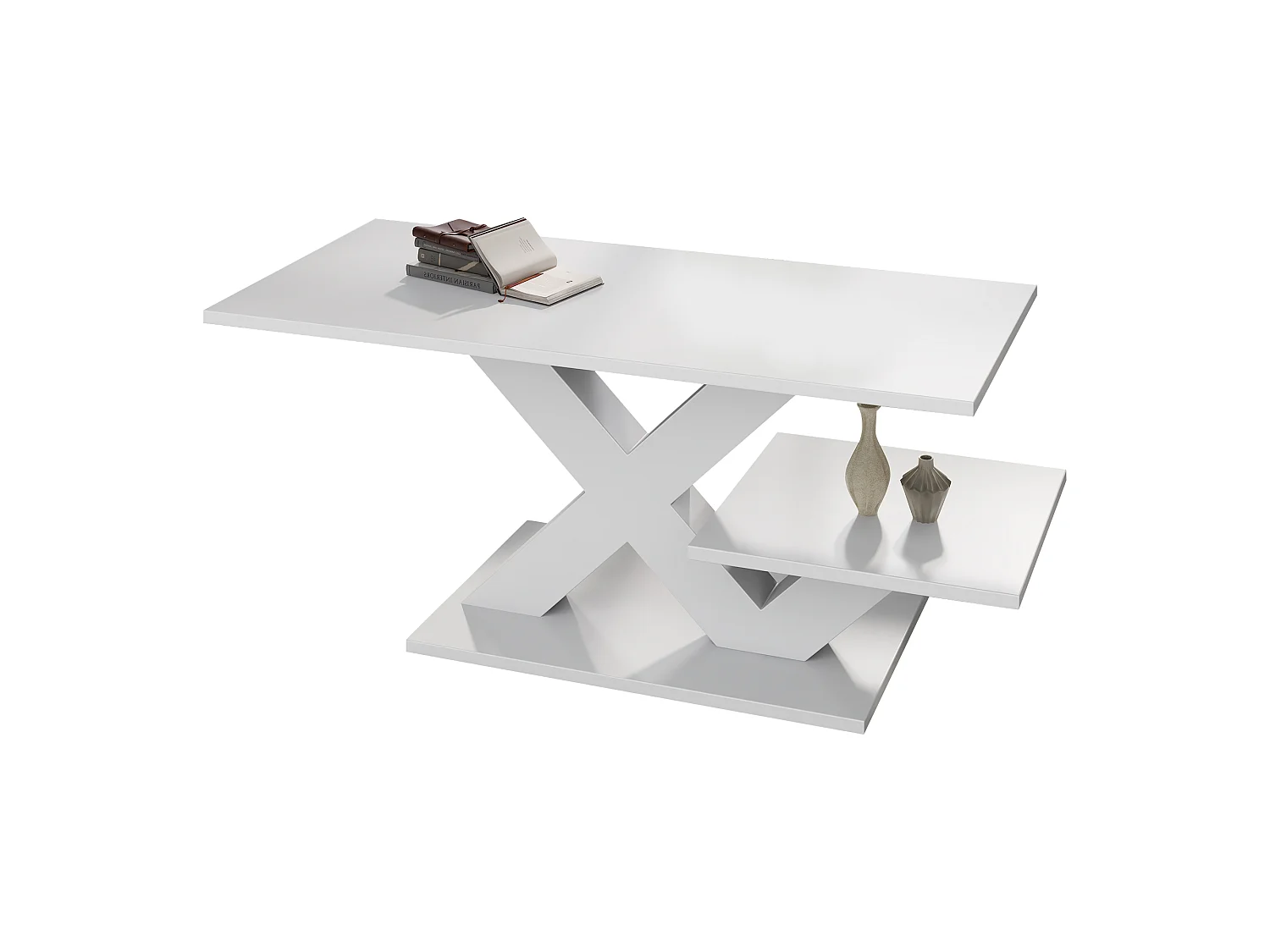 Modern 100cm coffee table with 2 storage shelves, X-shaped design and glossy lacquered top - MDF - 100 x 48 x 45 cm - White