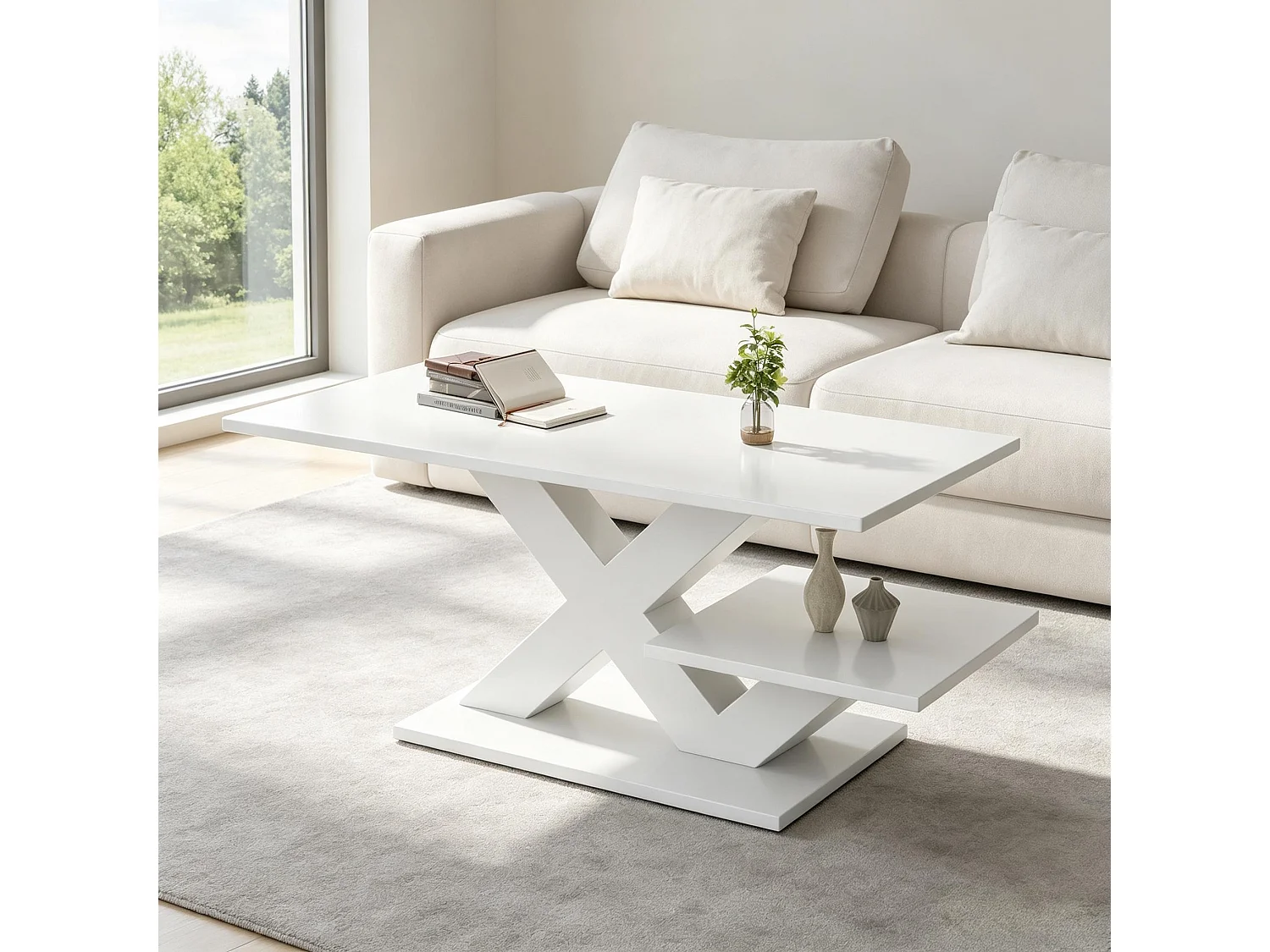 Modern 100cm coffee table with 2 storage shelves, X-shaped design and glossy lacquered top - MDF - 100 x 48 x 45 cm - White