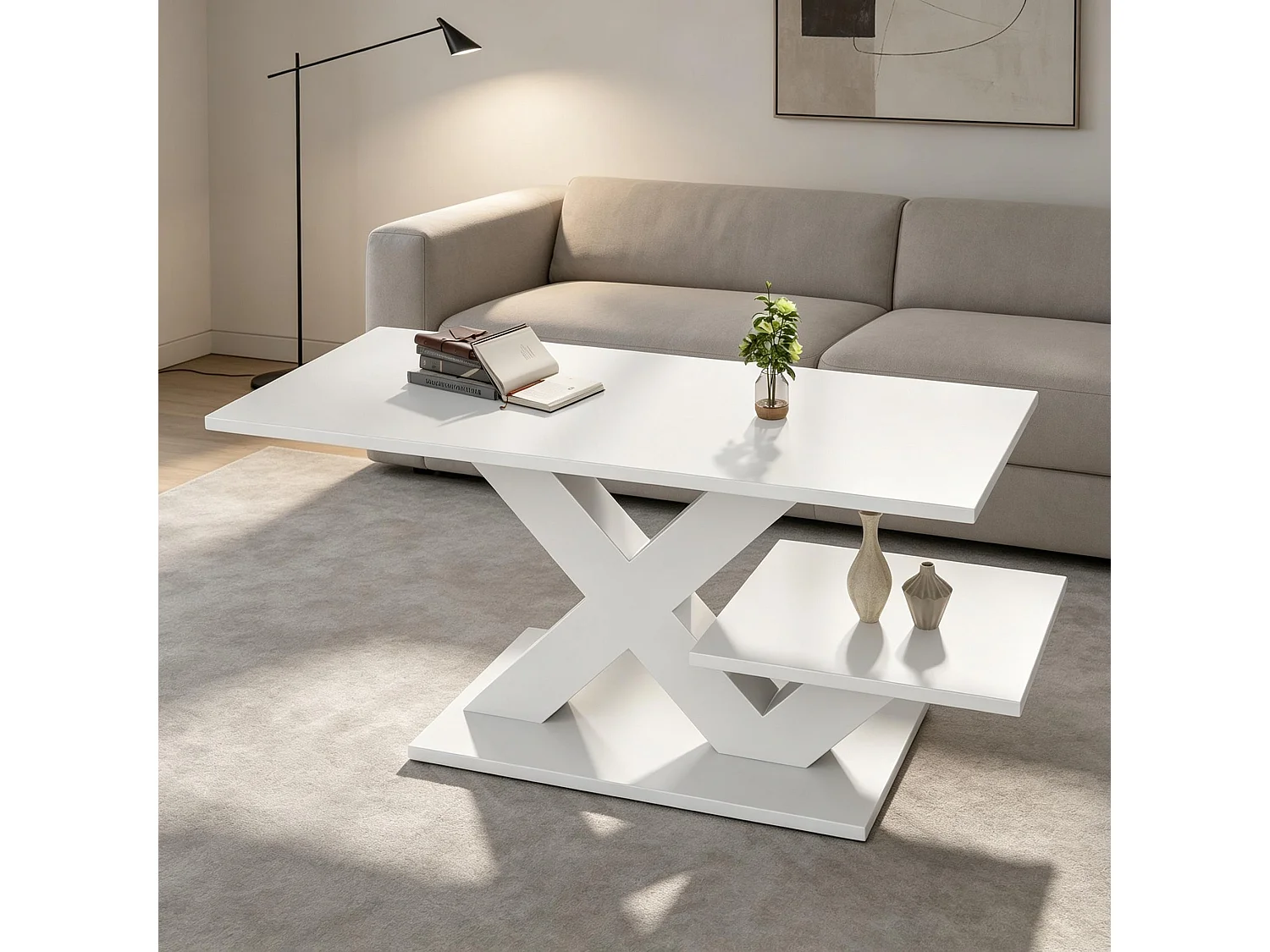 Modern 100cm coffee table with 2 storage shelves, X-shaped design and glossy lacquered top - MDF - 100 x 48 x 45 cm - White
