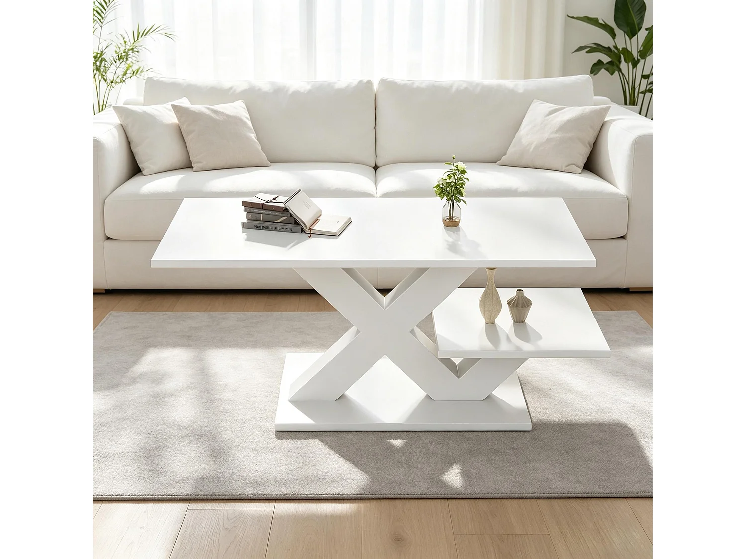 Modern 100cm coffee table with 2 storage shelves, X-shaped design and glossy lacquered top - MDF - 100 x 48 x 45 cm - White