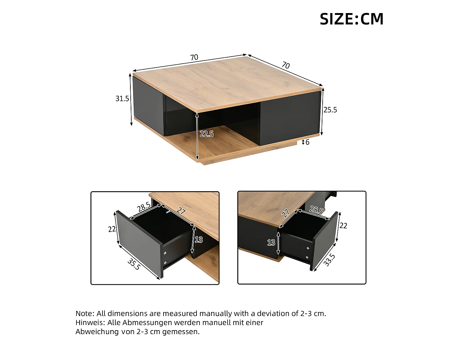 Fyrkantigt soffbord med 3 lådor och halvöppen förvaring - Spånskiva - 70 x 70 x 31,5 cm - Svart träeffekt