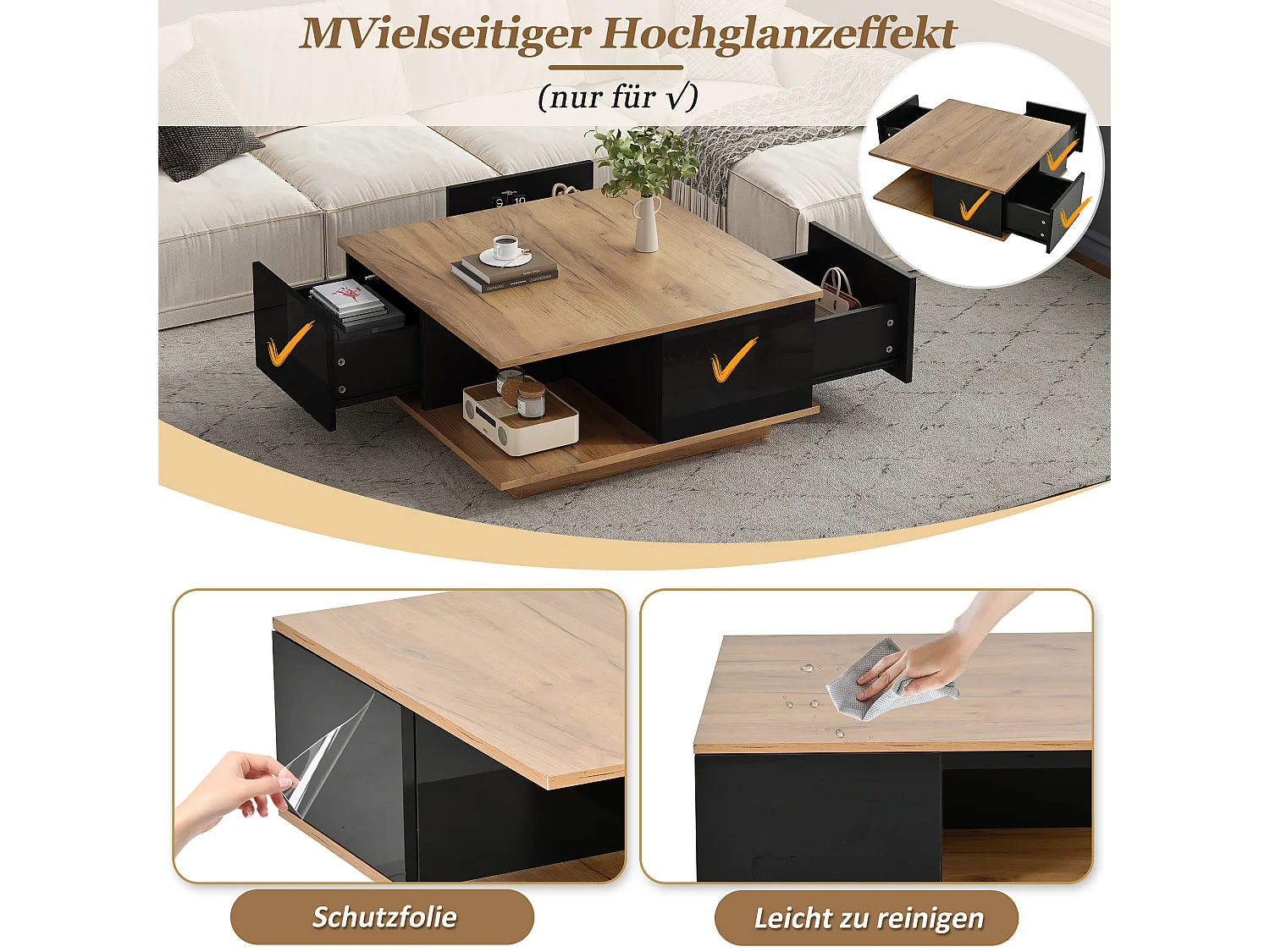 Fyrkantigt soffbord med 3 lådor och halvöppen förvaring - Spånskiva - 70 x 70 x 31,5 cm - Svart träeffekt