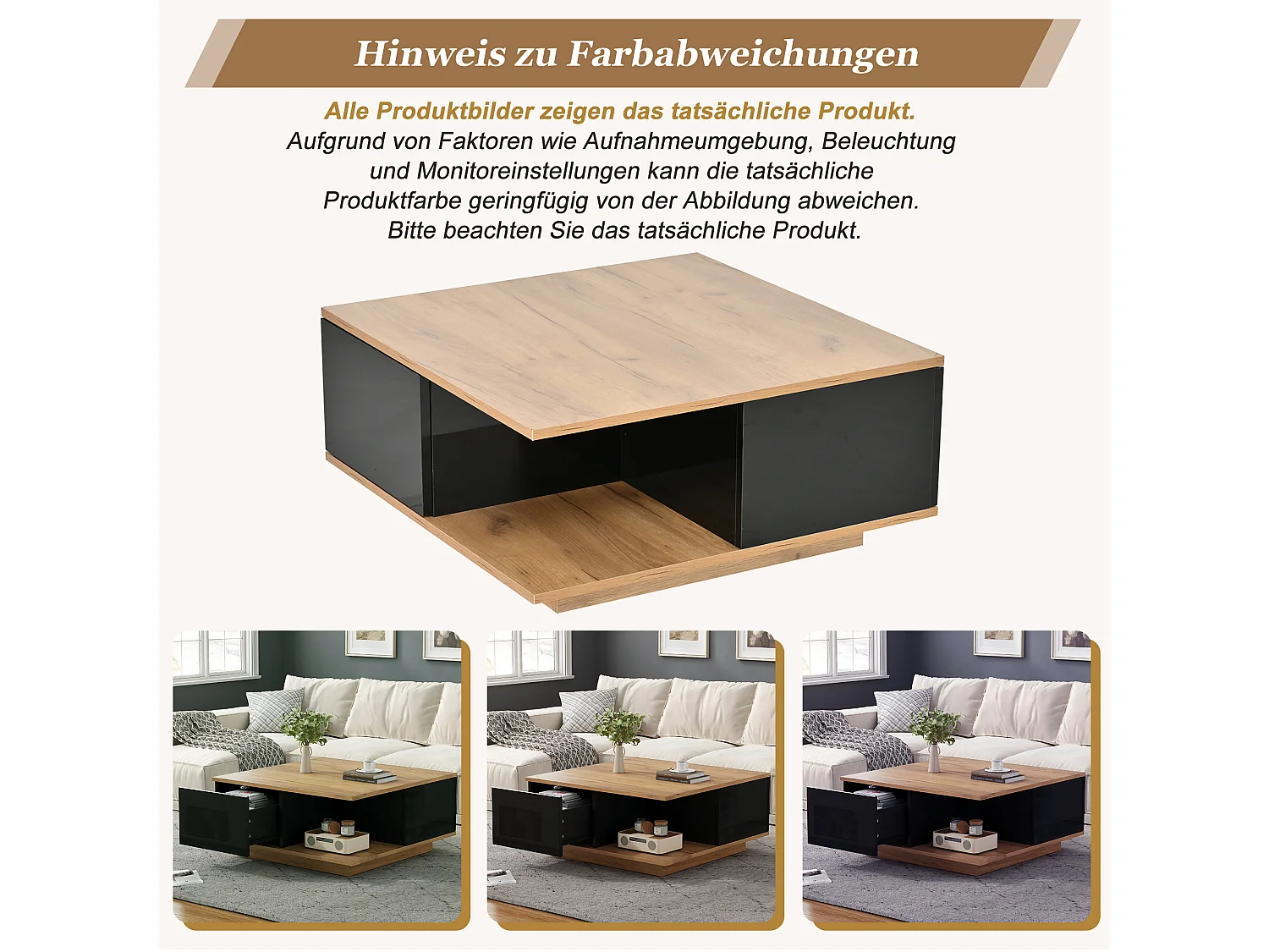 Fyrkantigt soffbord med 3 lådor och halvöppen förvaring - Spånskiva - 70 x 70 x 31,5 cm - Svart träeffekt