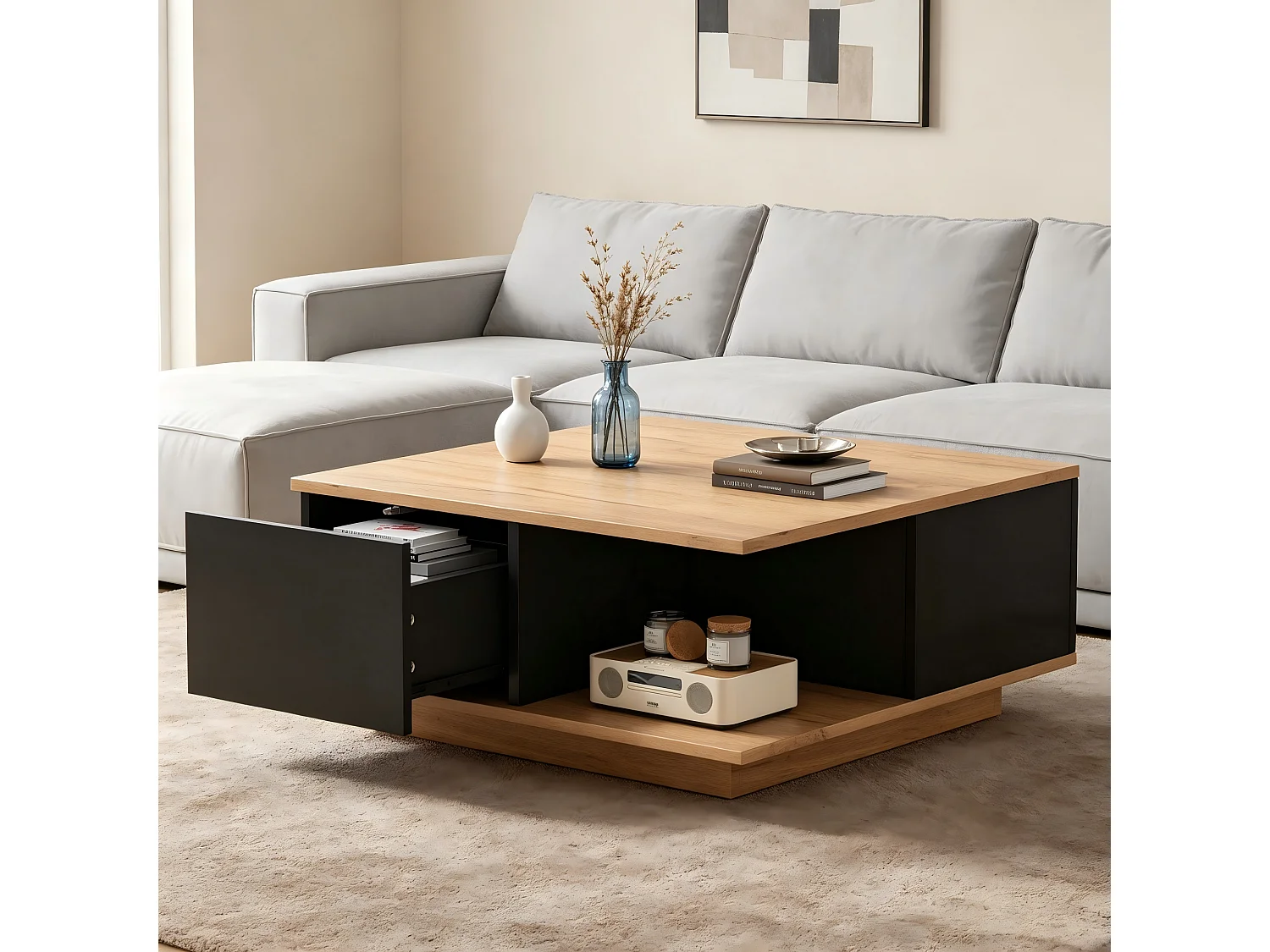 Fyrkantigt soffbord med 3 lådor och halvöppen förvaring - Spånskiva - 70 x 70 x 31,5 cm - Svart träeffekt