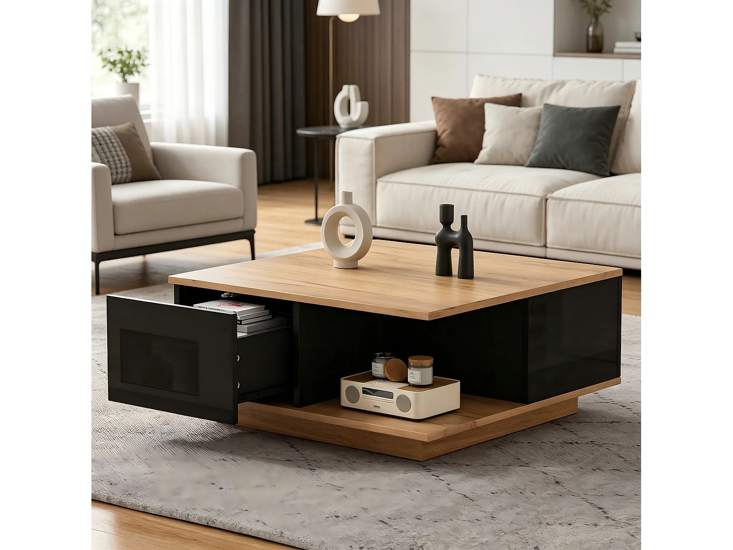 Fyrkantigt soffbord med 3 lådor och halvöppen förvaring - Spånskiva - 70 x 70 x 31,5 cm - Svart träeffekt