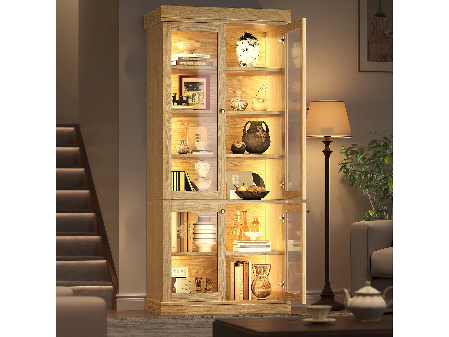 LED-Vitrinenschrank mit 4 Glastüren, Ablagefächern und Kippsicherung – MDF und Metall – 80 × 40 × 180 cm – Natur