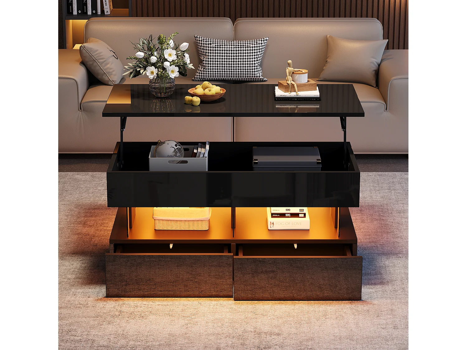 Lift-top coffee table with LED lighting via app, 2 drawers - Particleboard/acrylic - 100 x 50 x 46 cm - Black