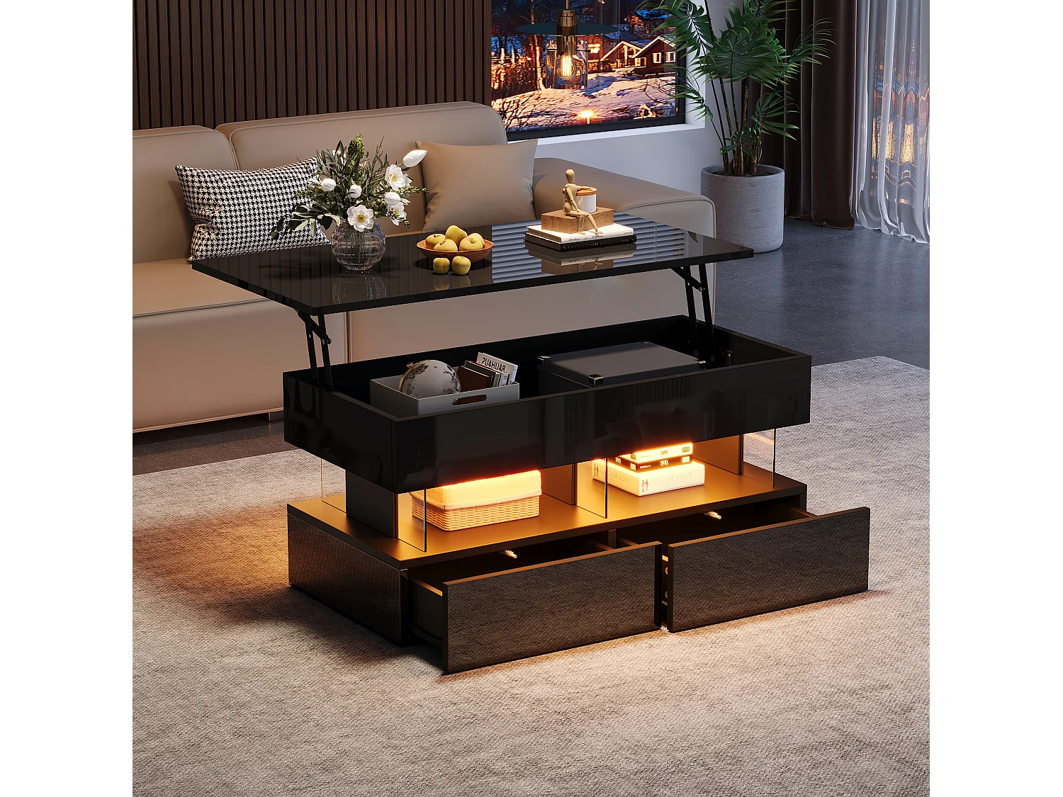 Lift-top coffee table with LED lighting via app, 2 drawers - Particleboard/acrylic - 100 x 50 x 46 cm - Black