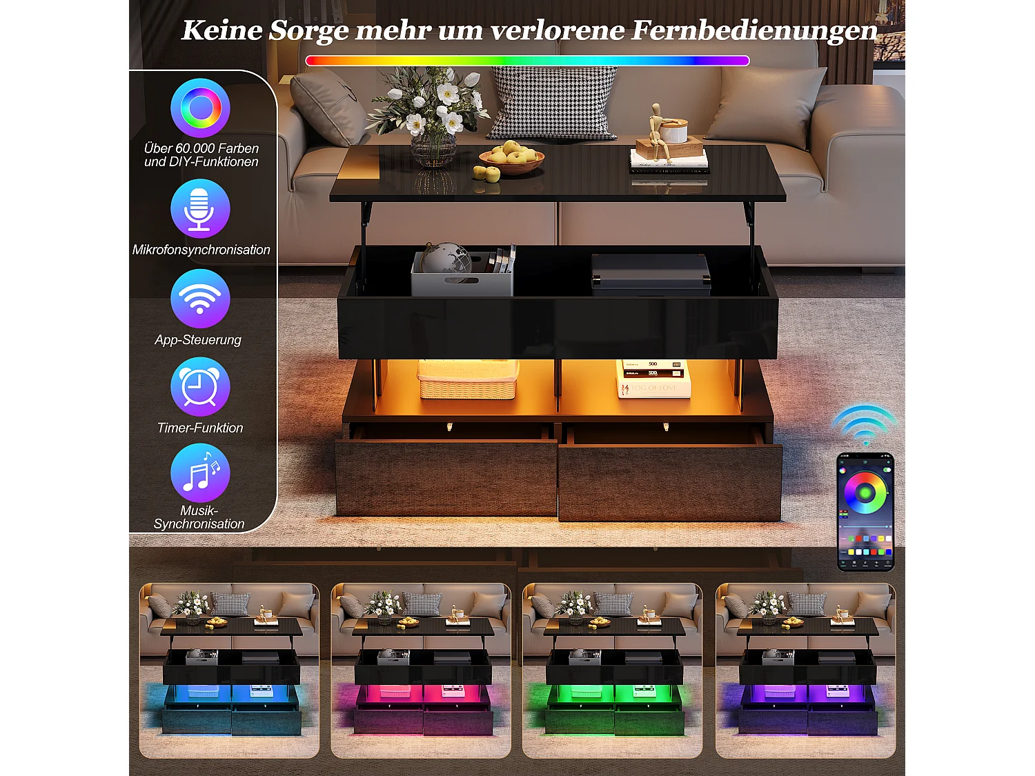 Lift-top coffee table with LED lighting via app, 2 drawers - Particleboard/acrylic - 100 x 50 x 46 cm - Black