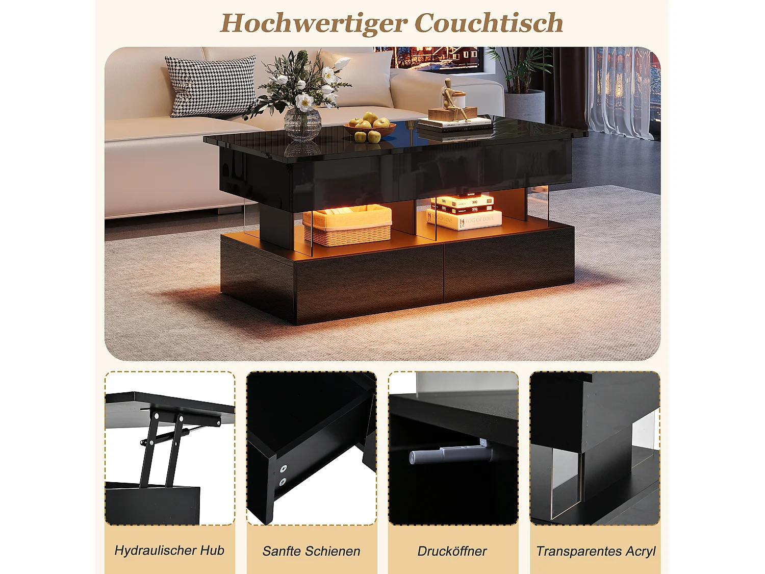 Lift-top coffee table with LED lighting via app, 2 drawers - Particleboard/acrylic - 100 x 50 x 46 cm - Black