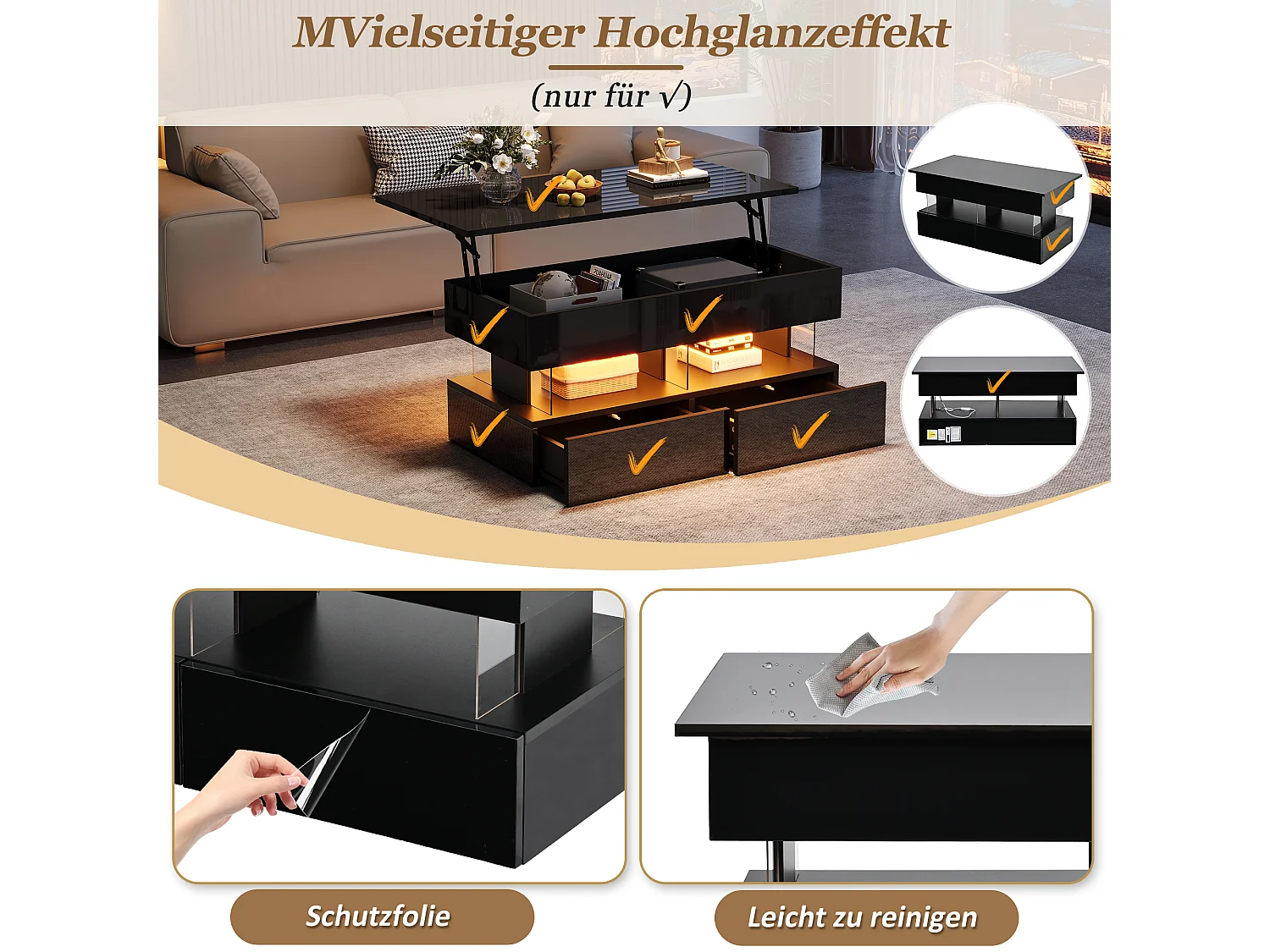 Lift-top coffee table with LED lighting via app, 2 drawers - Particleboard/acrylic - 100 x 50 x 46 cm - Black