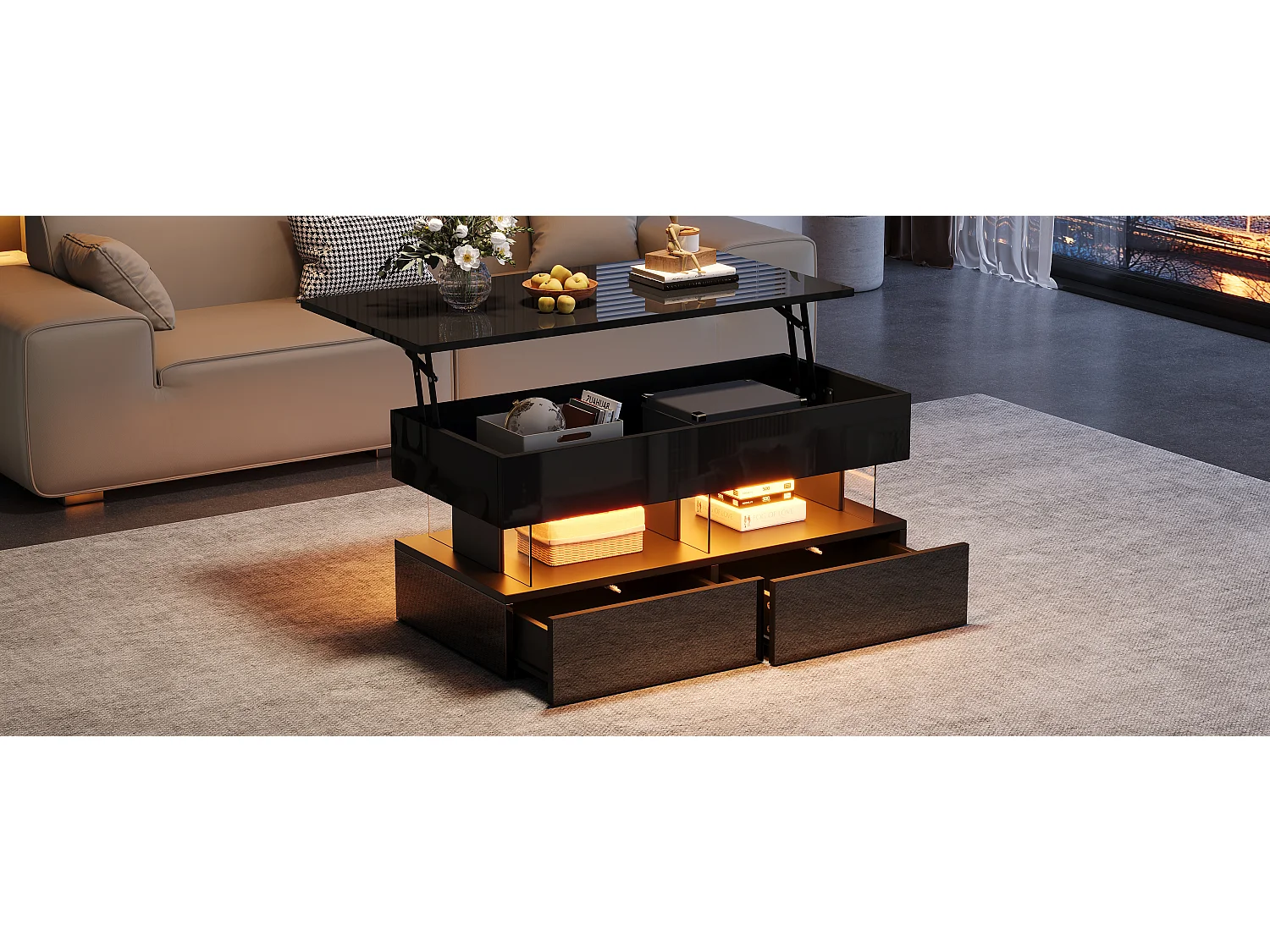 Lift-top coffee table with LED lighting via app, 2 drawers - Particleboard/acrylic - 100 x 50 x 46 cm - Black