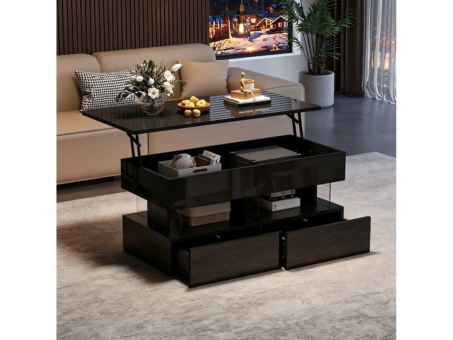 Lift-top coffee table with LED lighting via app, 2 drawers - Particleboard/acrylic - 100 x 50 x 46 cm - Black