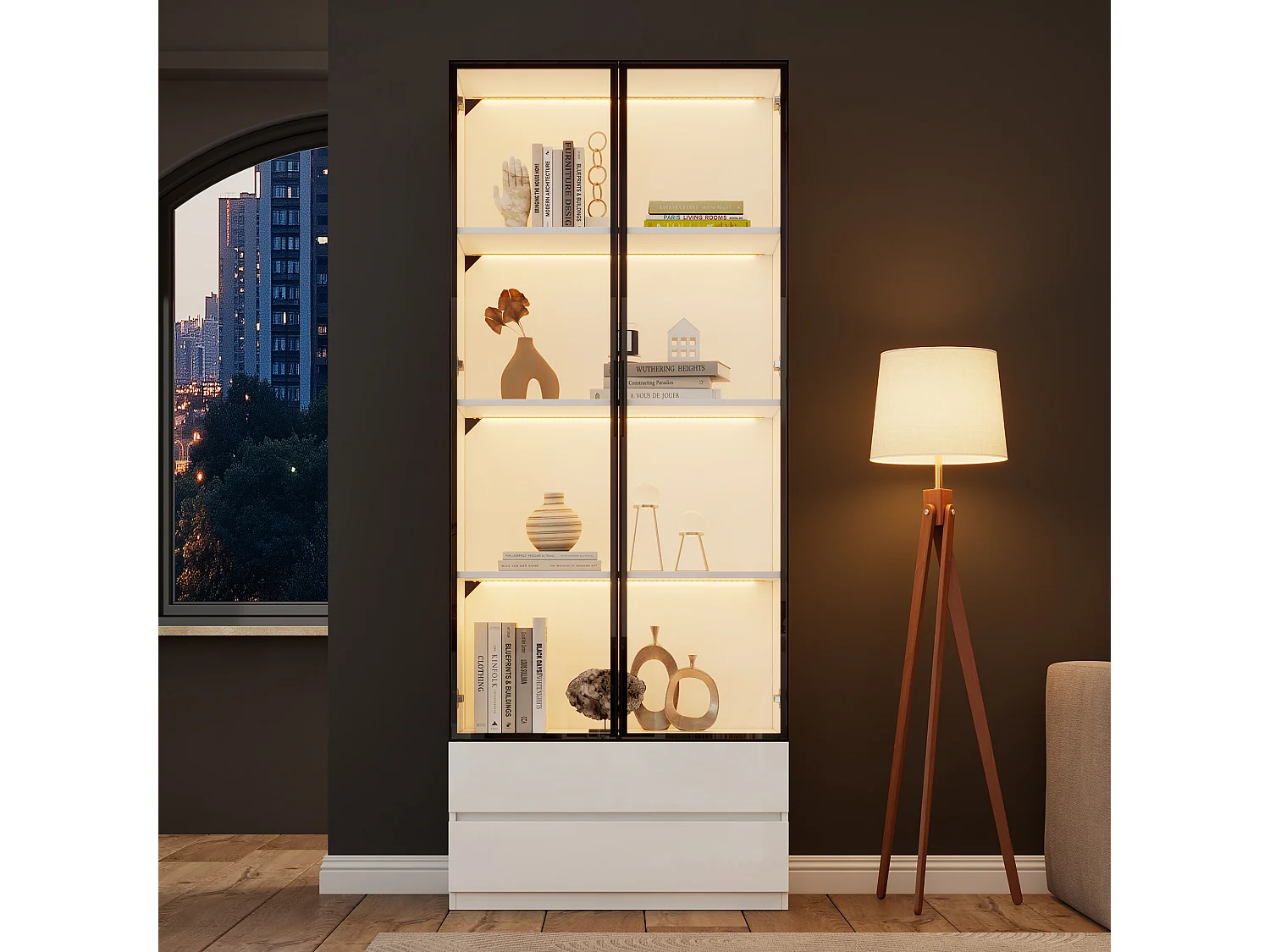 Vitrine mit 2 Schubladen und 2 Glastüren – 80 x 34 x 200 cm – LED-Beleuchtung – MDF + Sicherheitsglas – Weiß